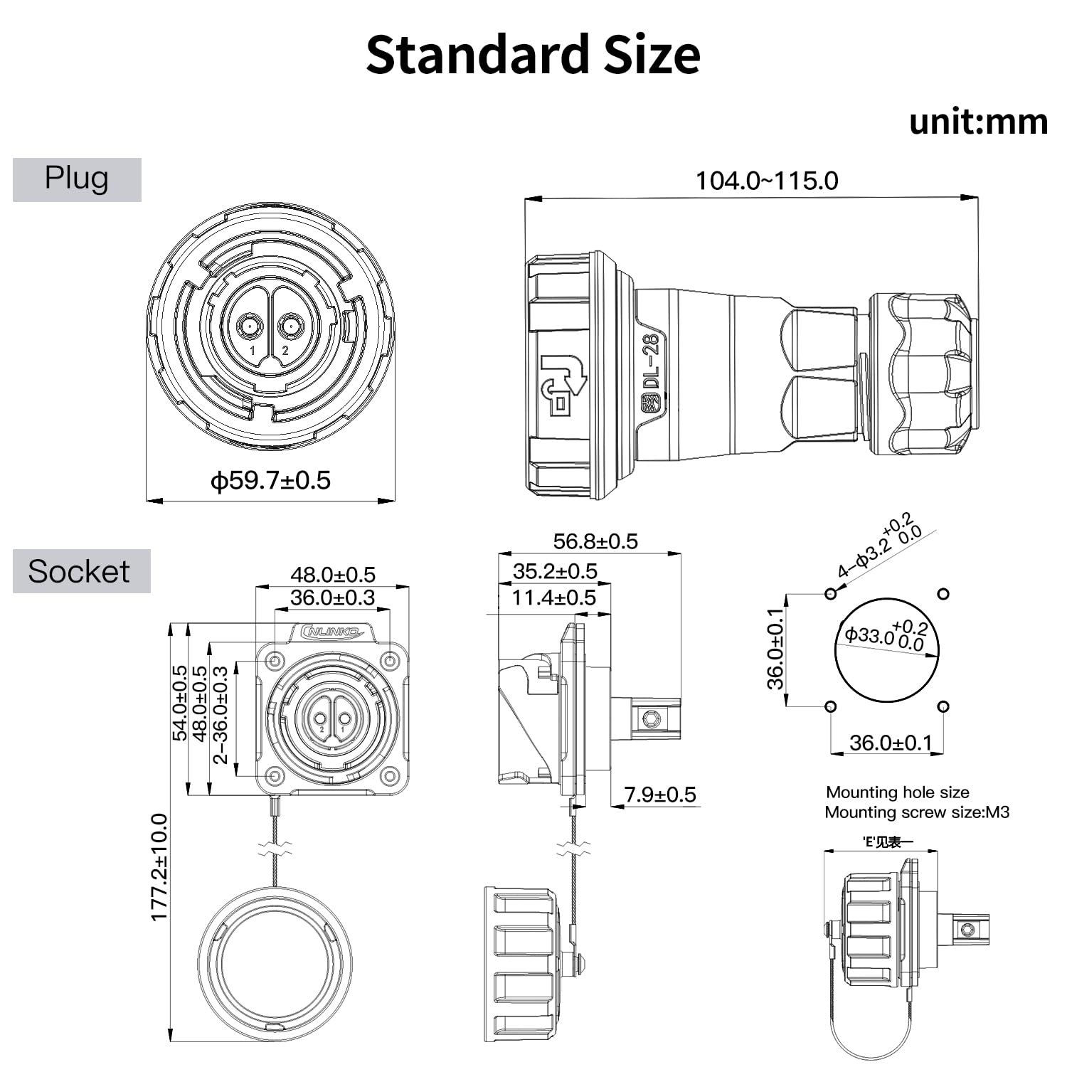 CNLINKO DL-28 50A Wasserdichter Steckverbinder, 2-Polig Schraubmontage Hochstrom Kompakte Größe IP68 Elektrischer Stecker Vierloch-Einbausteckdose für Display Industrielle Automatisierung