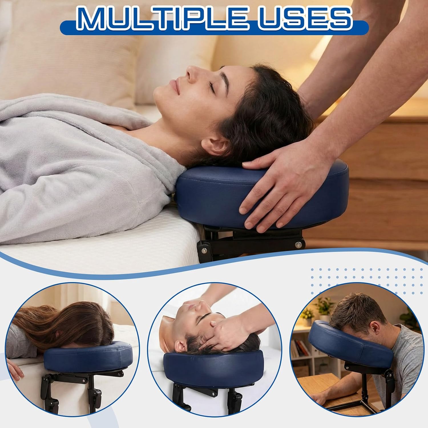 Qunclay Adjustable Massage Headrest for Bed, Portable Mattress Massage Face Cradle with Soft Pillow Cushion, Face Down Pillow After Eye Surgery for Professional and Home Use(Navy Blue)