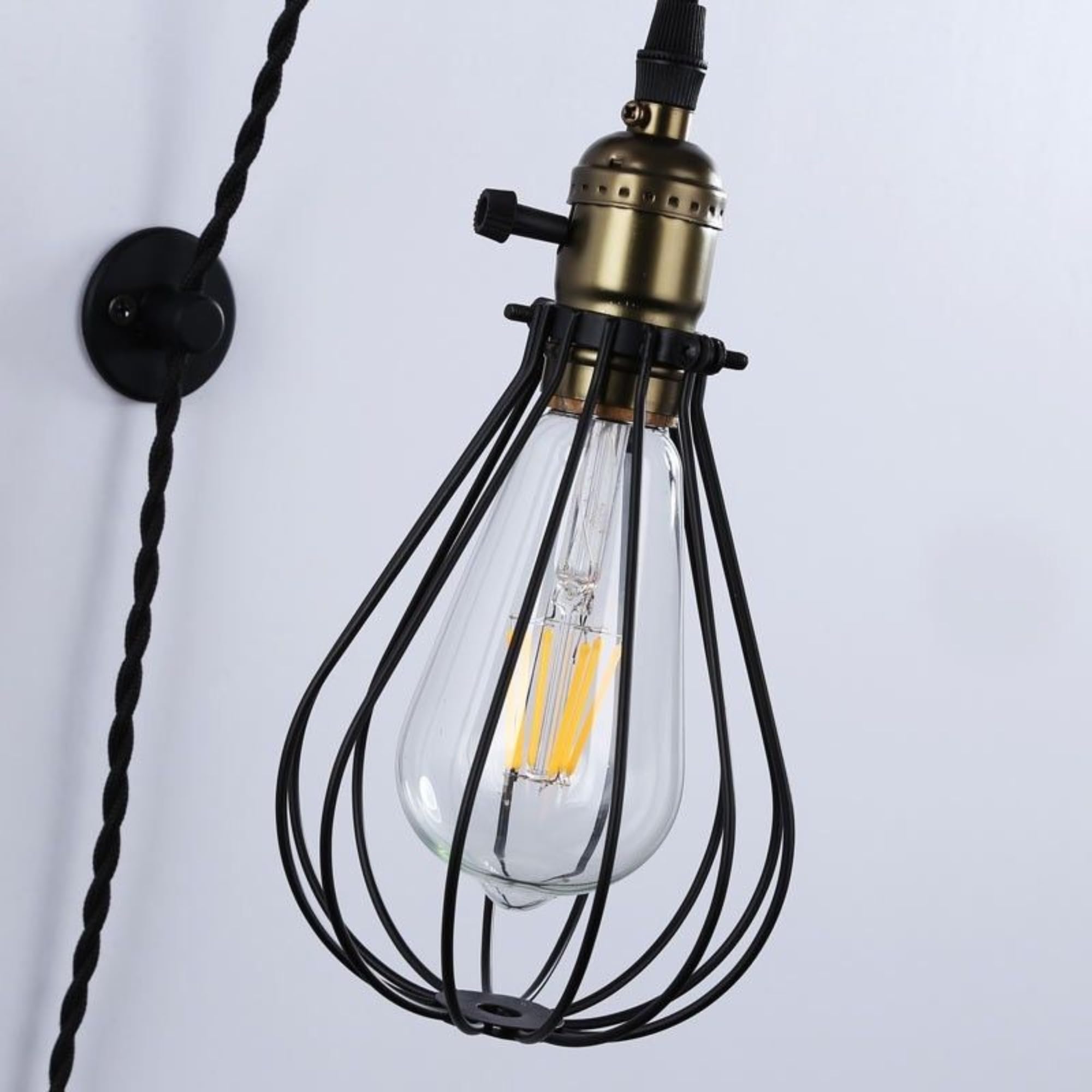 B·LED BARCELONA LED BarcelonaLED Applique Murale Vintage Bois avec Prise de Câble et Interrupteur Poulie Industrielle Suspendue Support de Lampe Cage E27 Socket
