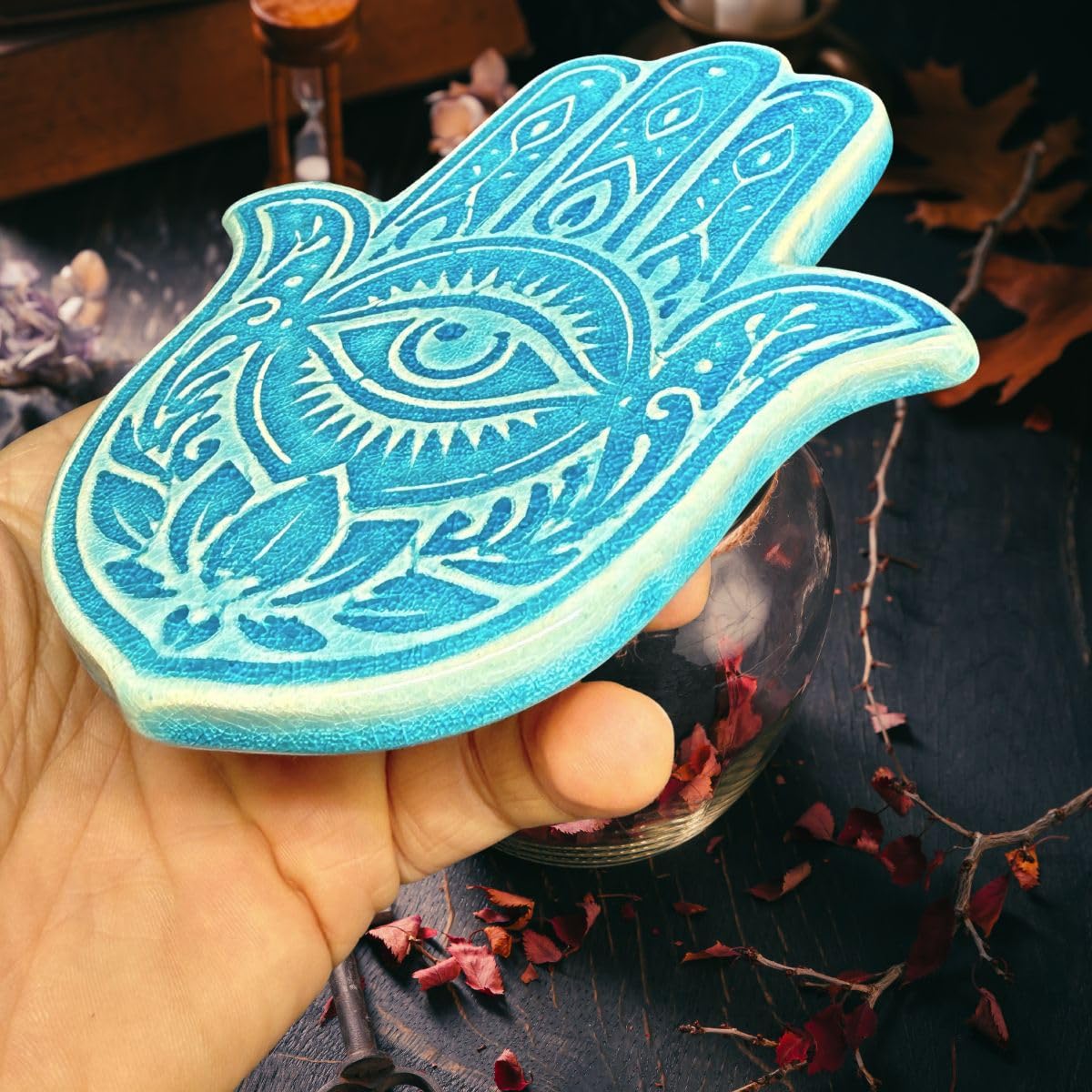 Amulet ceramiczny Hamsa (ręka Fatmy) - amulet chroniący przed złą energią, osobista ochrona wibracyjna (turkusowa zieleń)