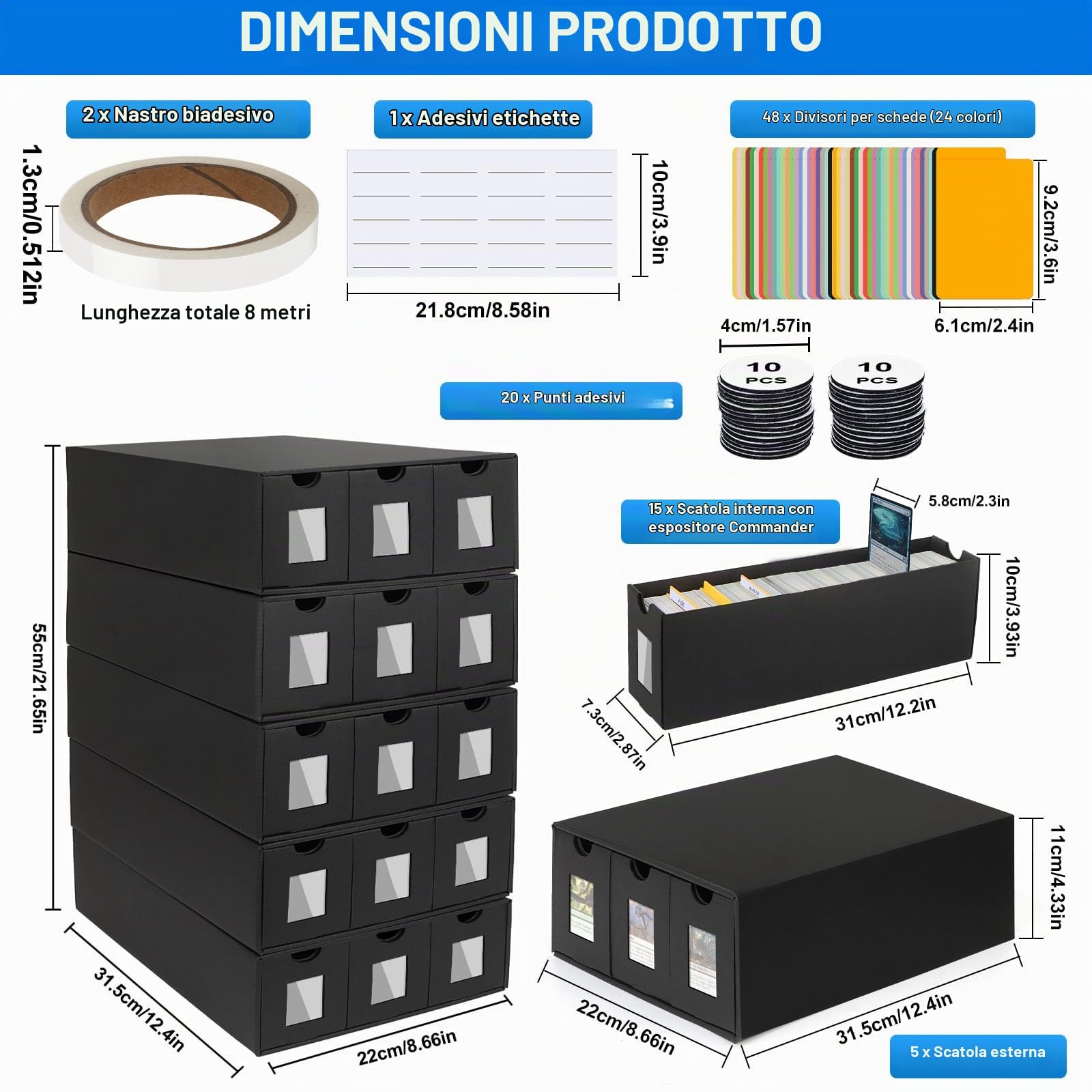 Scatola per Carte da Collezione per 15000+ carte, Commander Deck Box per MTG, Scatola Porta Carte con 48 Divisori, Trading Card Storage Box per TCG, PTCG, Sportive