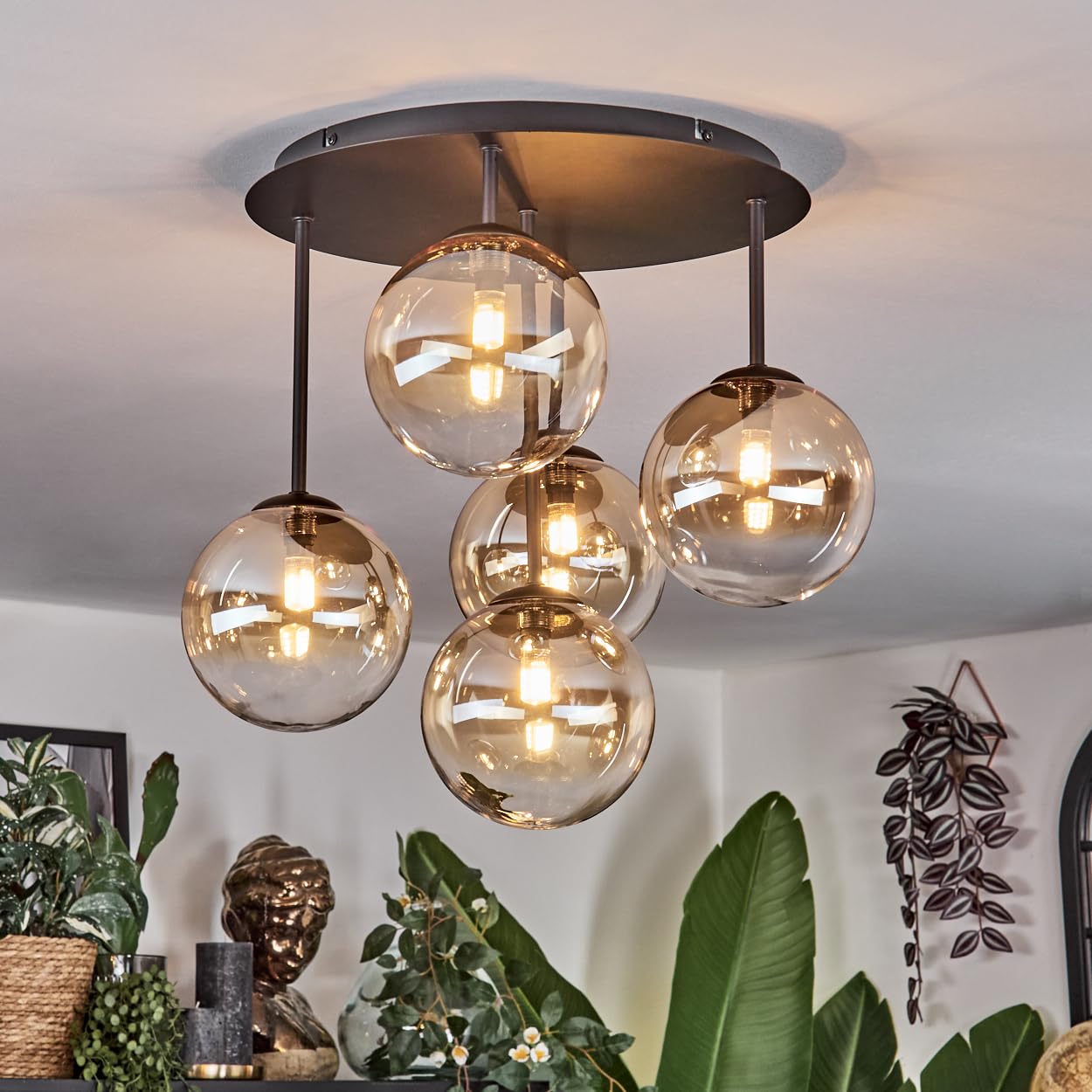 Plafoniera HOFSTEIN Chehalis, plafoniera a 5 luci in metallo/vetro nero/ambra/trasparente, lampada dal design retrò/vintage (paralumi Ø 15 cm), G9, sala da pranzo, soggiorno, camera da letto, cucina