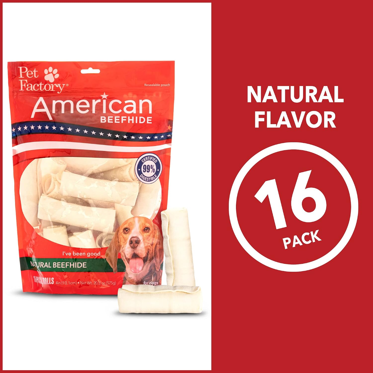 Pet Factory American Beefhide 4" Rolls Dog Chew Treats - Natural Flavor, 16 Count/1 Pack