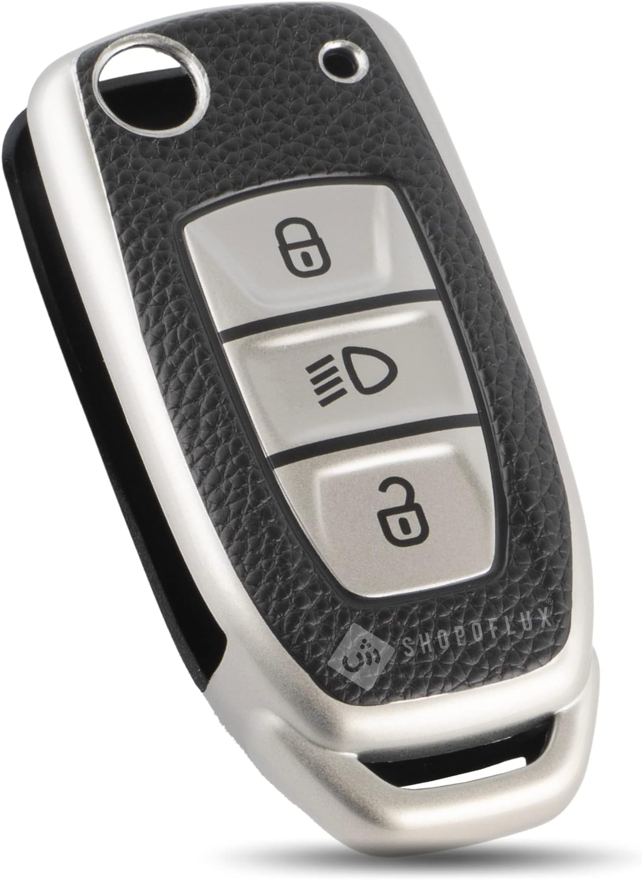 SHOPOFLUX TPU Leather Key Cover Compatible with Tata Tiago | Nexon | Altroz | Safari | Storme | Zest | Bolt | Tigor | Punch | Hexa 3 Button Flip Key (Black Silver)