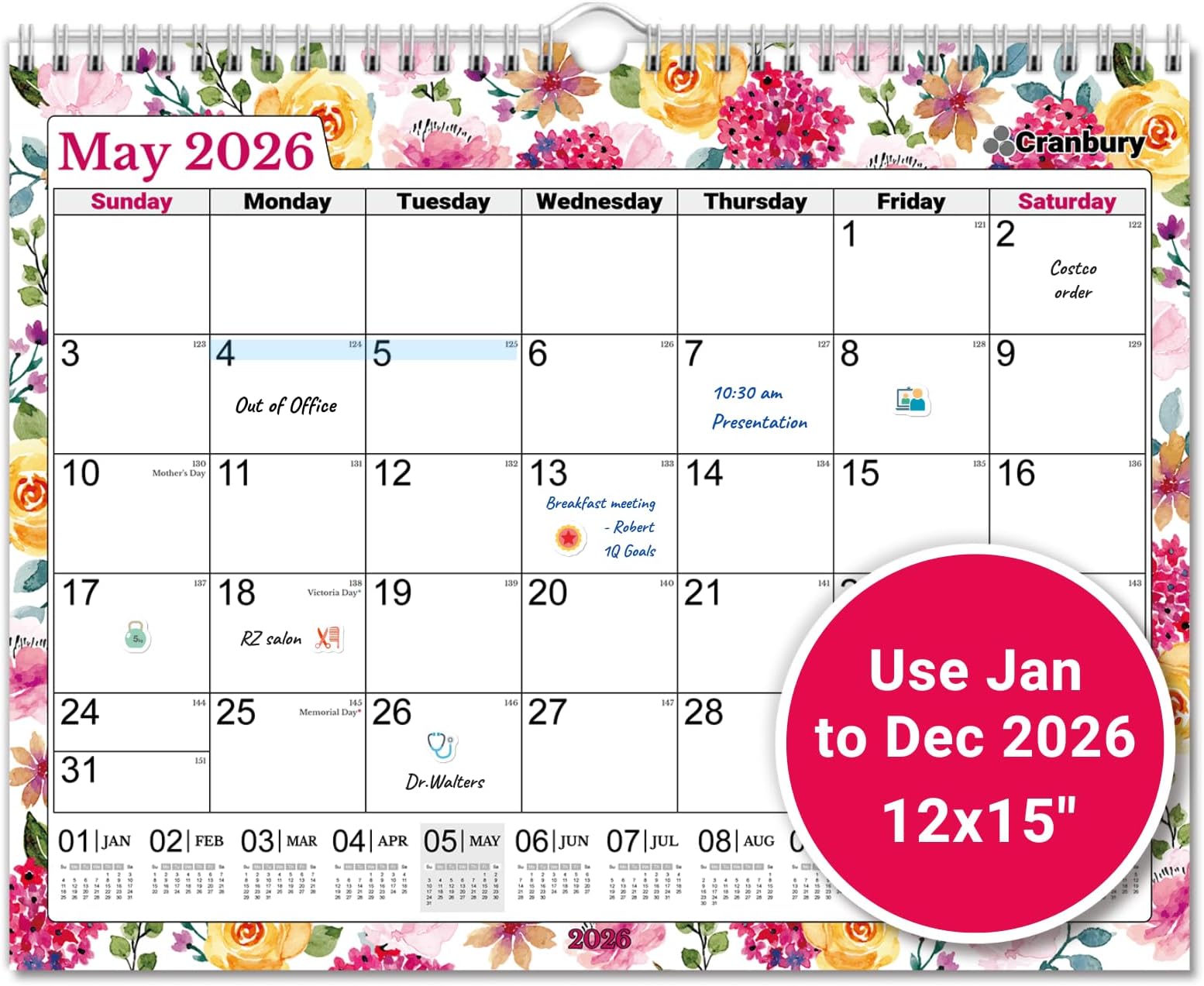 CRANBURY 2026 Large Wall Calendar 12x15, Floral Hanging Monthly Calendar 12 x 15 with Big Daily Spaces, JanโDec 2026, Includes Planning Stickers