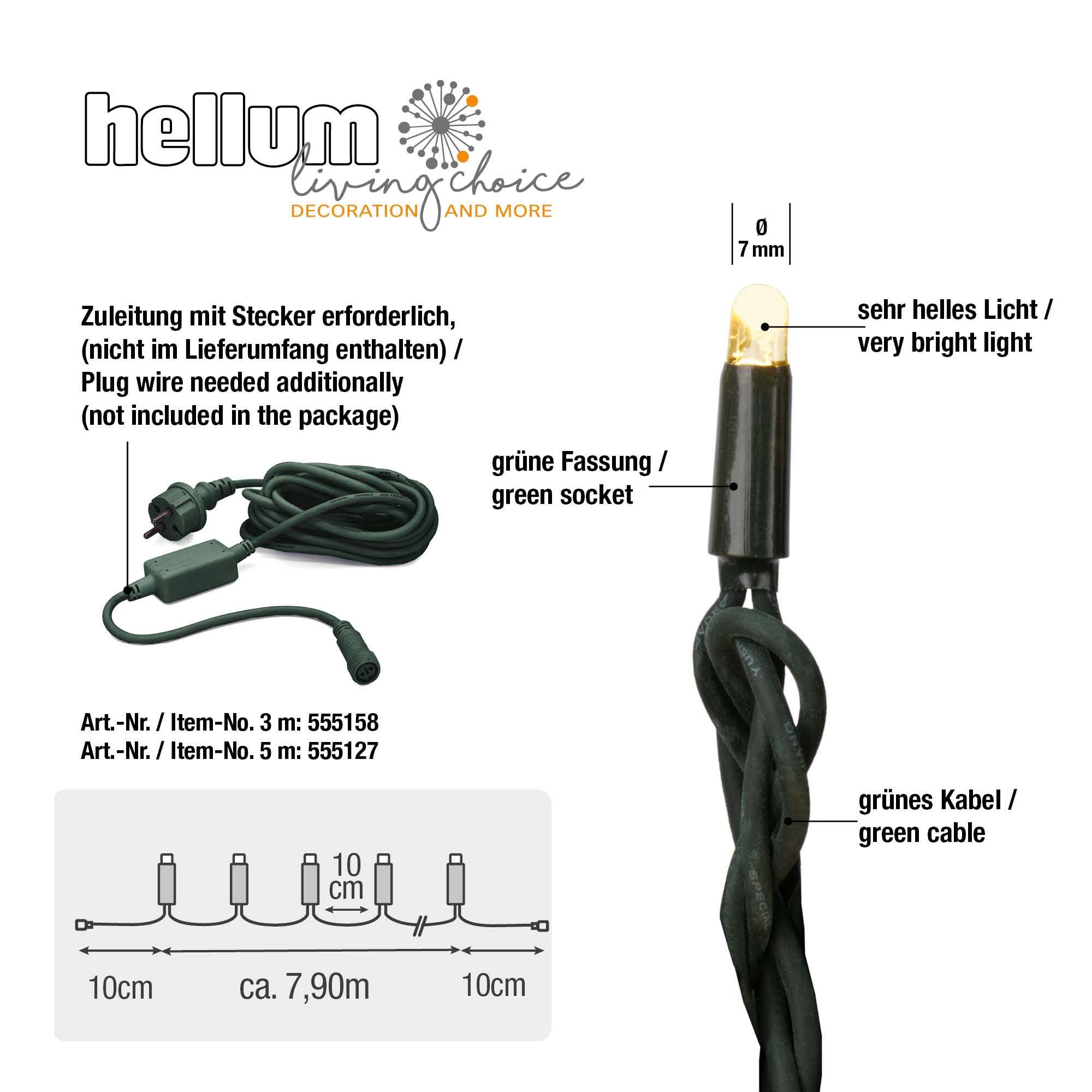 hellum Catena luminosa a LED per esterni, allungabile, con presa, set di prolunga senza cavo di alimentazione, 7,9 m, 80 LED, luce bianca calda, cavo verde, illuminazione natalizia per giardino, festa
