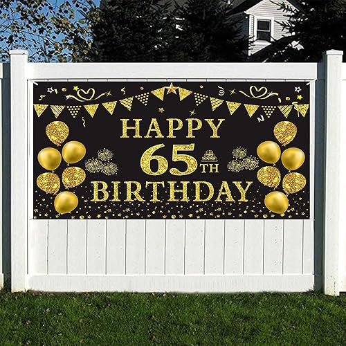 Miniatura 4 de Trgowaul Telón de fondo dorado y negro para cumpleaños número 65, 5.9 x 3.6 pies, pancarta de decoración de fiesta de feliz cumpleaños para mujeres