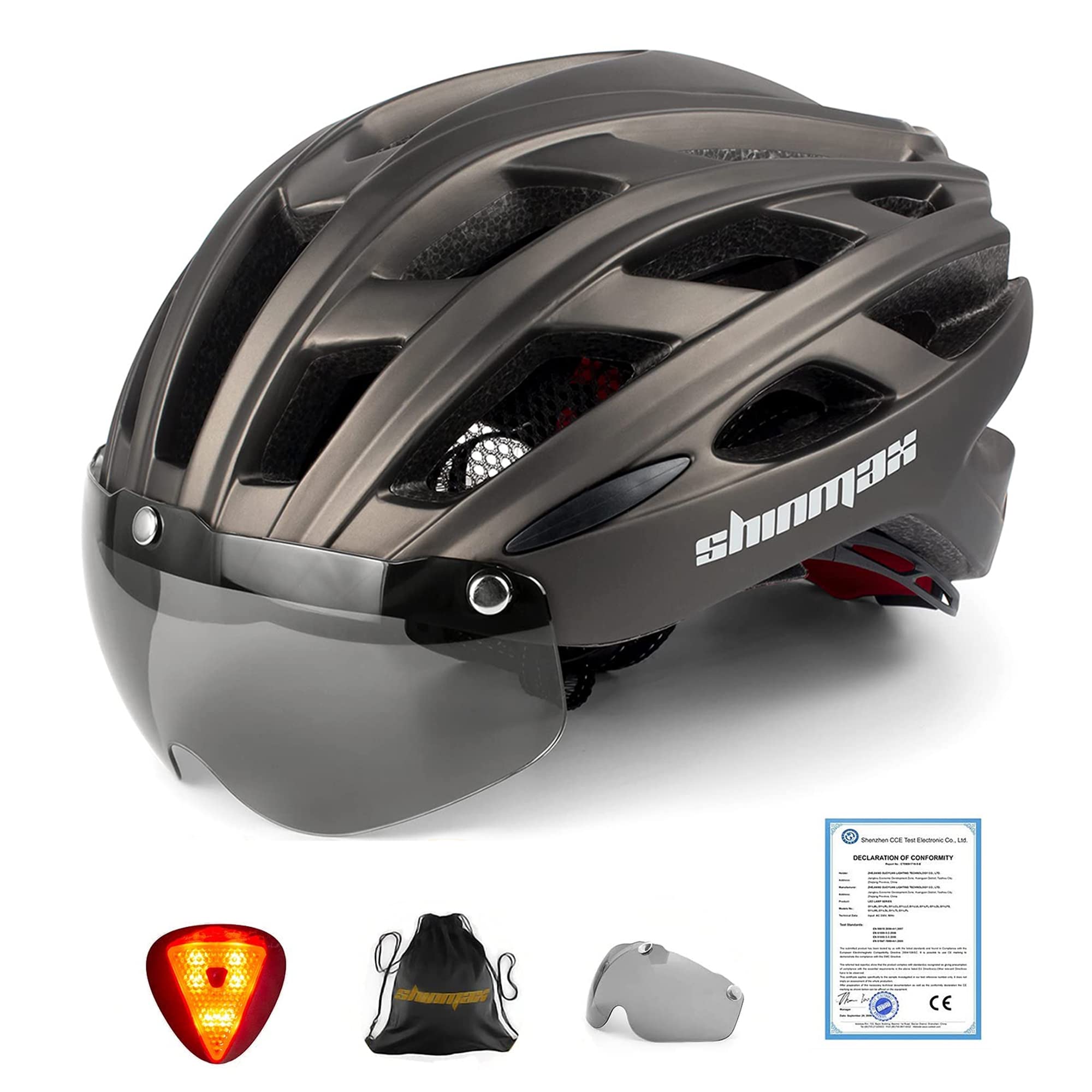 Shinmax kask rowerowy, certyfikat CE, kask rowerowy ze zdejmowanymi okularami ochronnymi, wizjer, dla dorosłych, mężczyzn i kobiet, regulowana ochrona bezpieczeństwa, tylne światło LED, do deskorolki, jazdy na nartach, snowboardzie NR-096