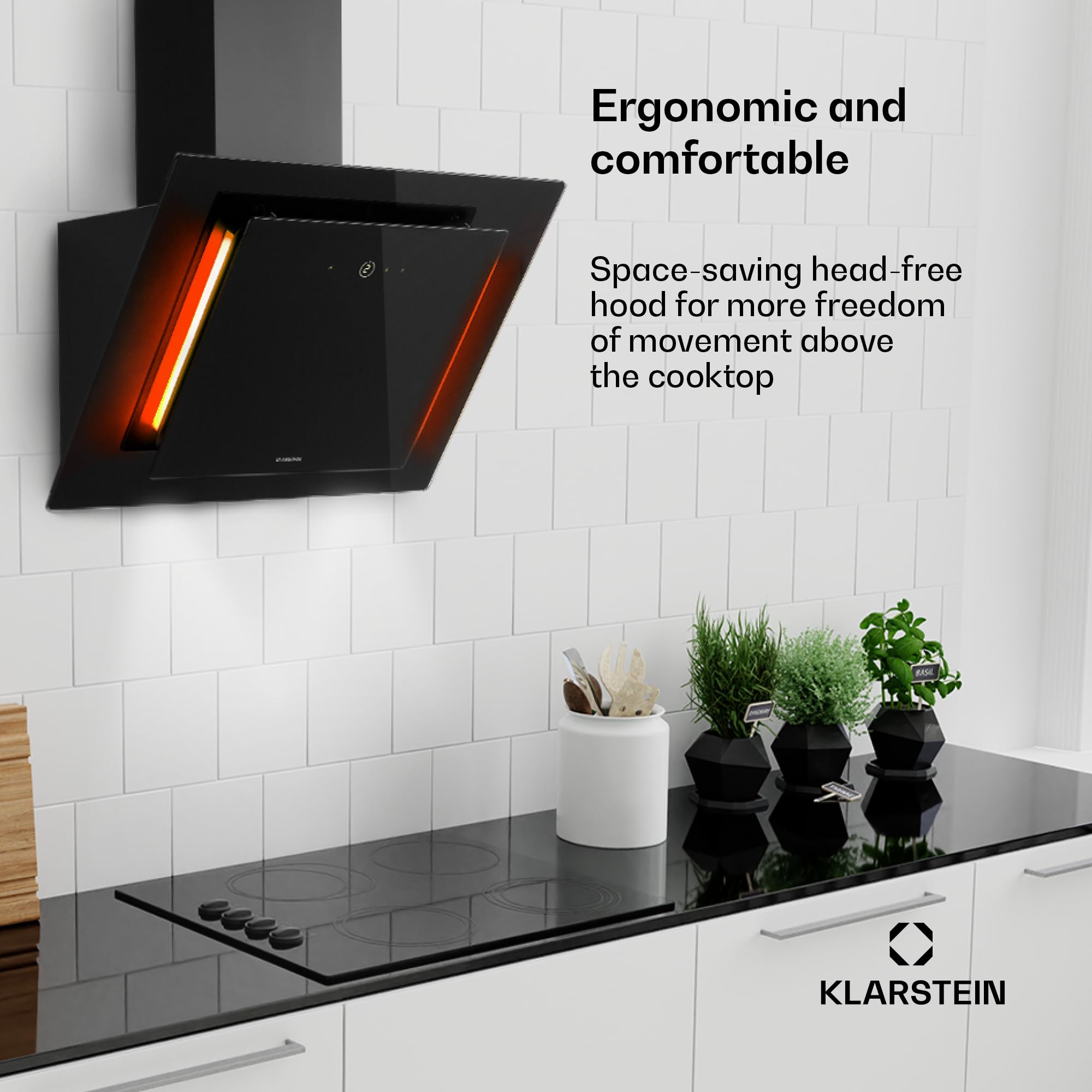 Klarstein Eleonora campana extractora sin cúpula, clase A++, extracción 426 m³/h, control táctil, luz ambiental RGB, 60 dB, salida y recirculación, iluminación LED, filtro de grasa, 60 cm, negro