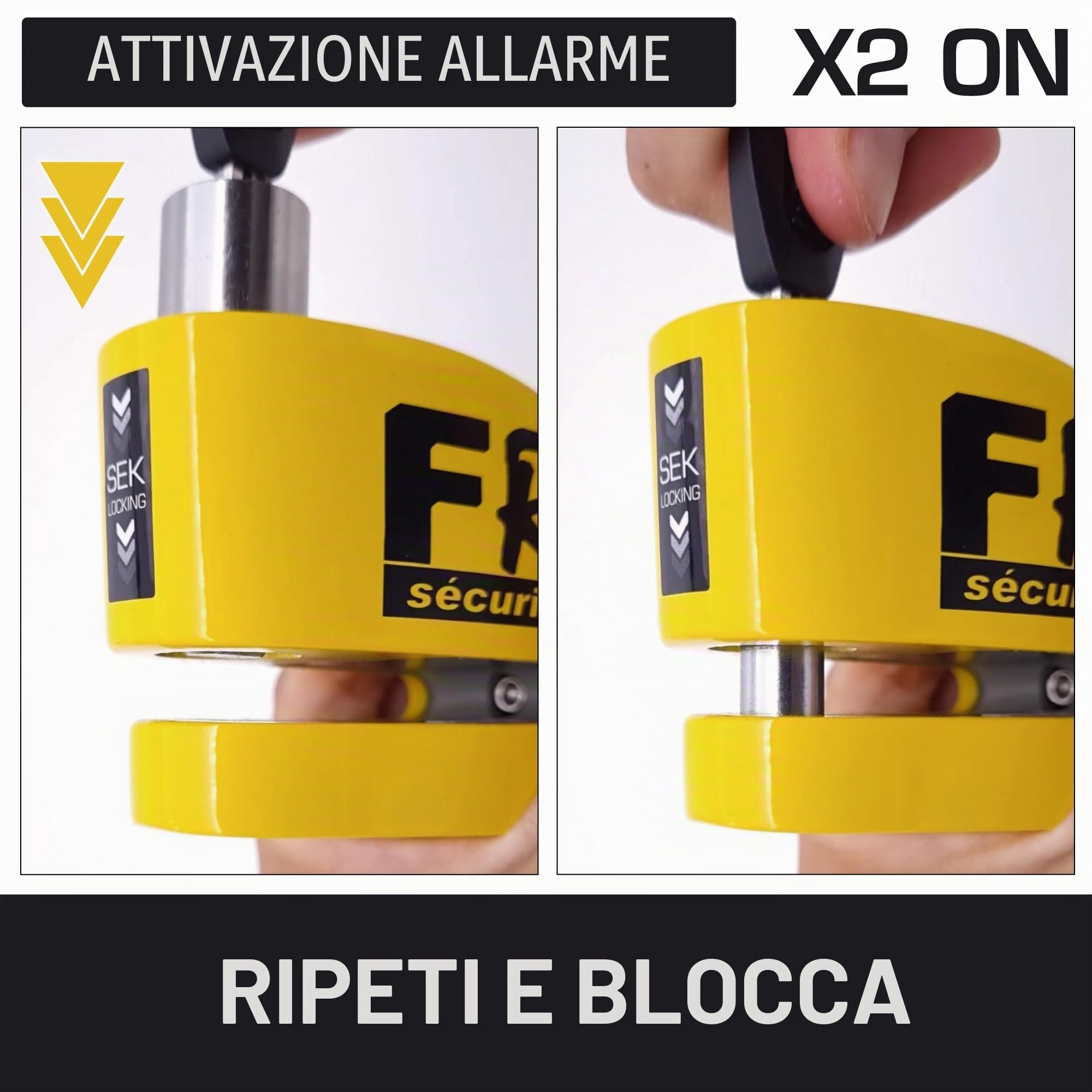 FR SECURITE FR410Y Bloccadisco Moto Lucchetto Omologato Allarme 120dB Opzionale, Doppia Chiusura ø10mm, Serratura Alta Sicurezza, Acciaio Inossidabile, Antifurto Blocco Scooter Bicicletta