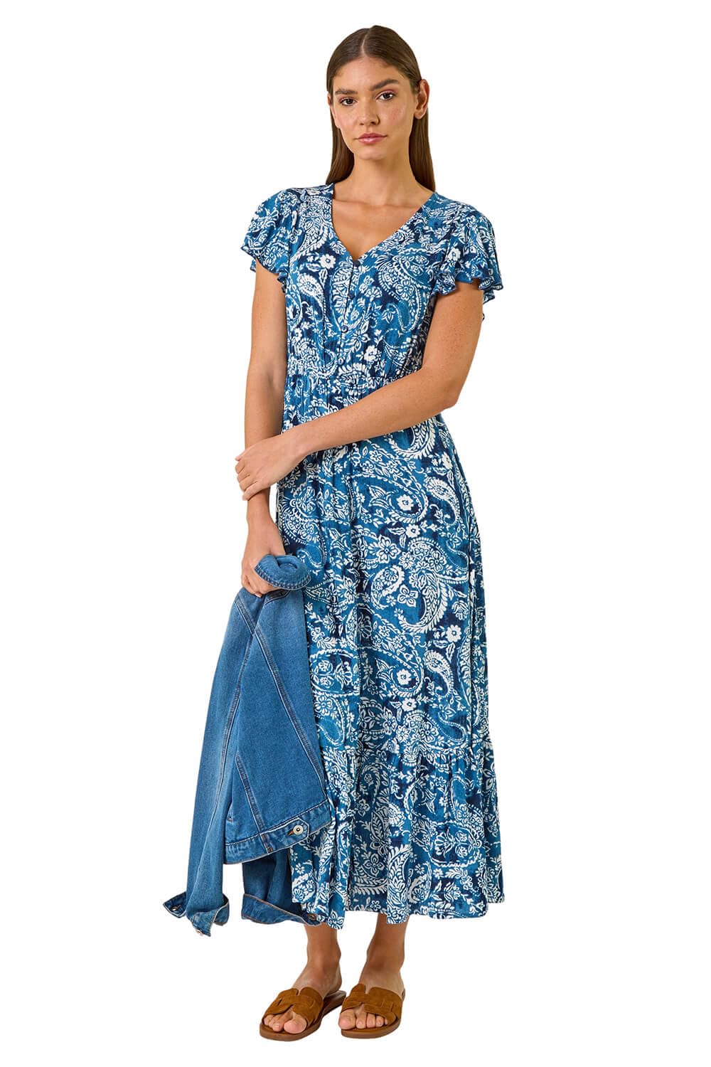 Roman Shirred Empire Waist Dress for Women UK Ladies Midi Maxi Summer Spring Tiered Frill Hem Short Sleeve V Neck Button Through Boho Bohemian Holiday Cruise