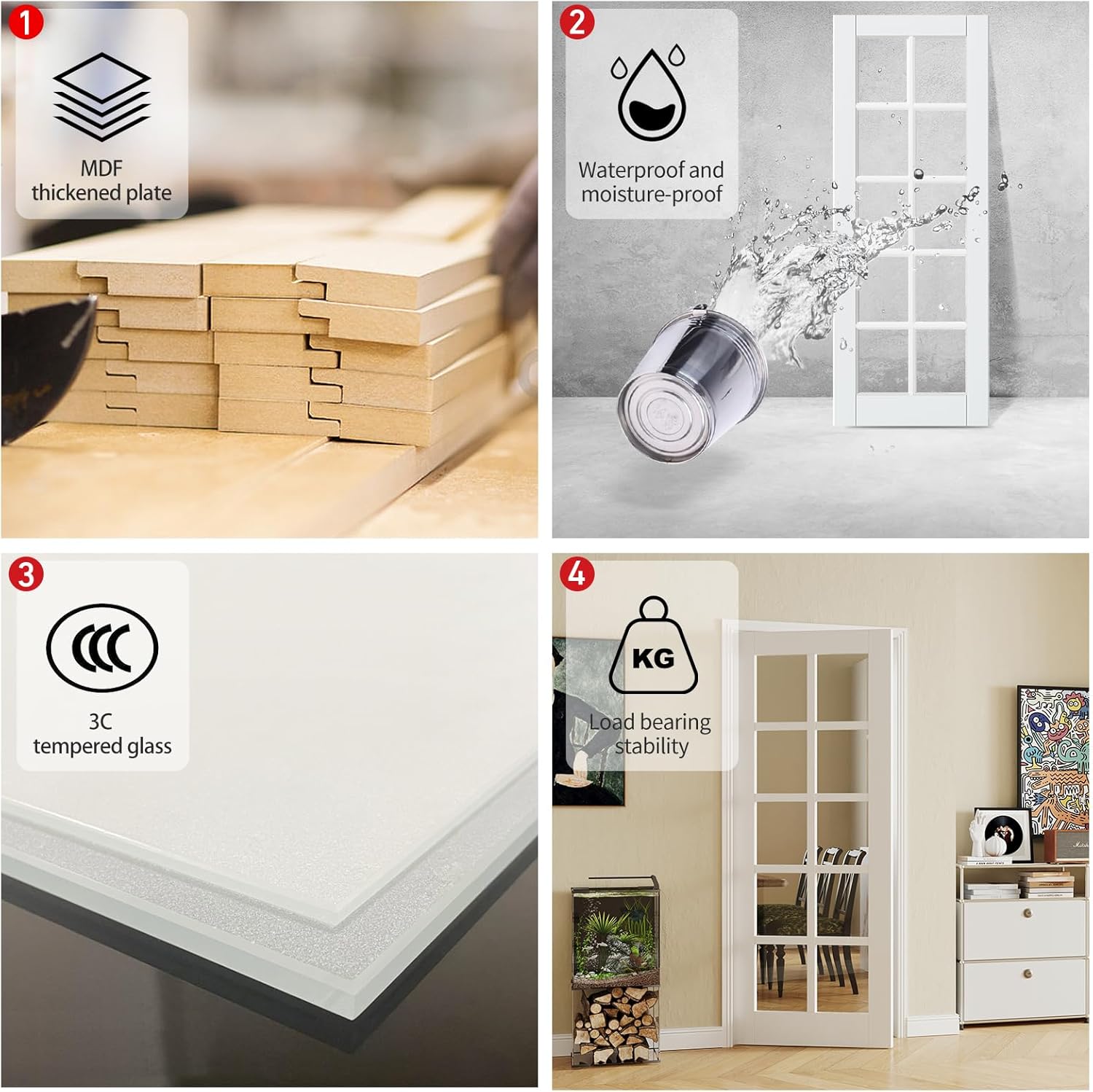 32" x 80" French Interior Doors, 10 Lite Clear Glass Pantry & Closet Door, Single Pre-Finished Slab Door, Solid MDF Core Wood, White Primed (Hinges Not Included)