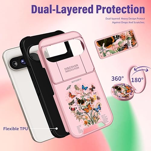 Miniatura 5 de Funermei Funda 2 en 1 para Google Pixel 6A para mujeres, linda funda de mariposa para niñas, diseño único con funda para cámara y soporte de anillo