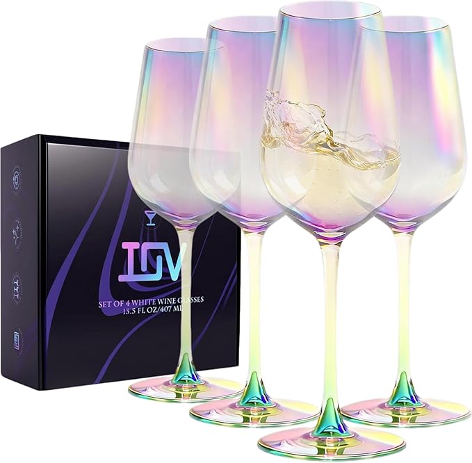 IOV White Wine Glasses Set of 4, Modern Crystal Wine Glass with Long Stem, Hand Blown Rainbow Glasses 13.8oz, Perfect for Red or White, Daily Use, Unique Wedding Anniversary or Birthday Gift