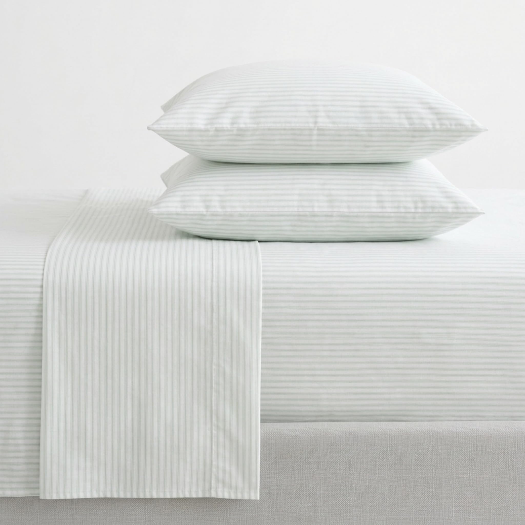 Martha Stewart - Twin XL Size Sheet Set, Breathable Cotton Percale Bedding with Matching Pillowcase, Fully Elastic Fitted Sheet, Deep Pocket, Crisp &amp; Cooling All-Season Comfort (Ticking Stripe Green)