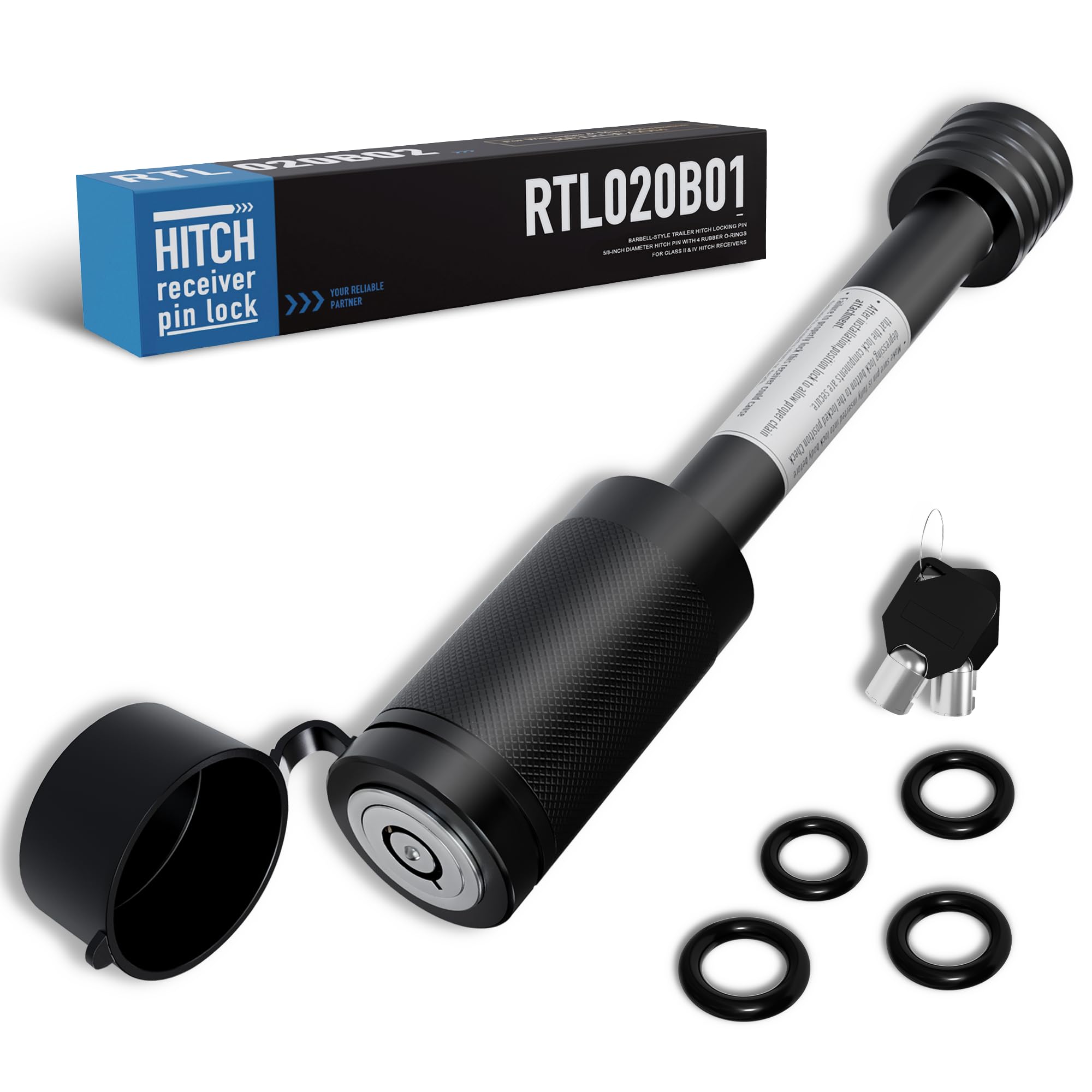 Trailer Hitch Locks, 5/8" Locking Hitch Pin for 2" and 2 1/2" Receiver Class III IV Hitch, Tow Hitch Pin Lock Dia 3-1/2” Long Pin with O-Rings Weatherproof Caps for Trailer Truck Car Boat