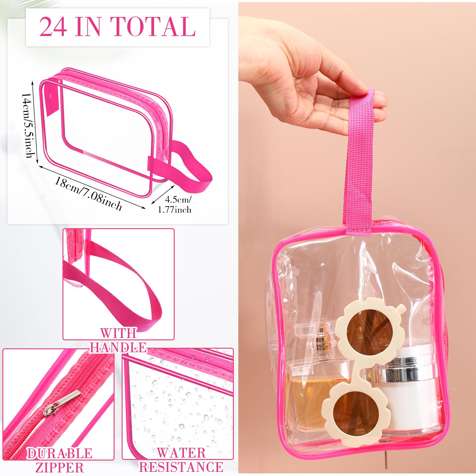 Silkfly Beauty case trasparente da viaggio in PVC con manico e tracolla, con cerniera, per vacanze estive, saloni di laurea, regalo di fine anno (rosa rosa, confezione da 24)