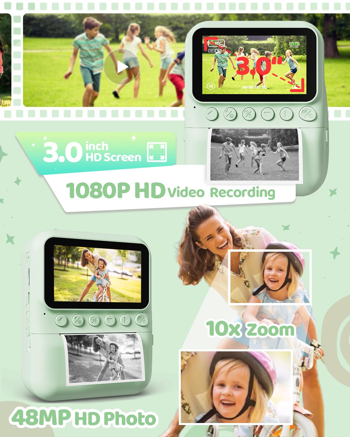 TIATUA Macchina Fotografica Bambini Istantanea, 3.0 Pollici 48MP Fotocamera Digitale Bambini con 32GB Scheda & Papier Photo, Regalo di Natale per Bambini dai 3-12 Anni
