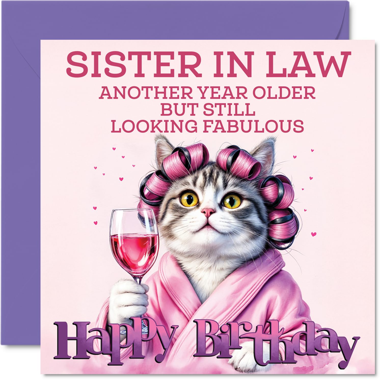 Sister in Law Birthday Card - Curler Cat - Happy Birthday Card for Sister in Law from Brother Sibling, 145mm Curler Cat Bday Greeting Cards