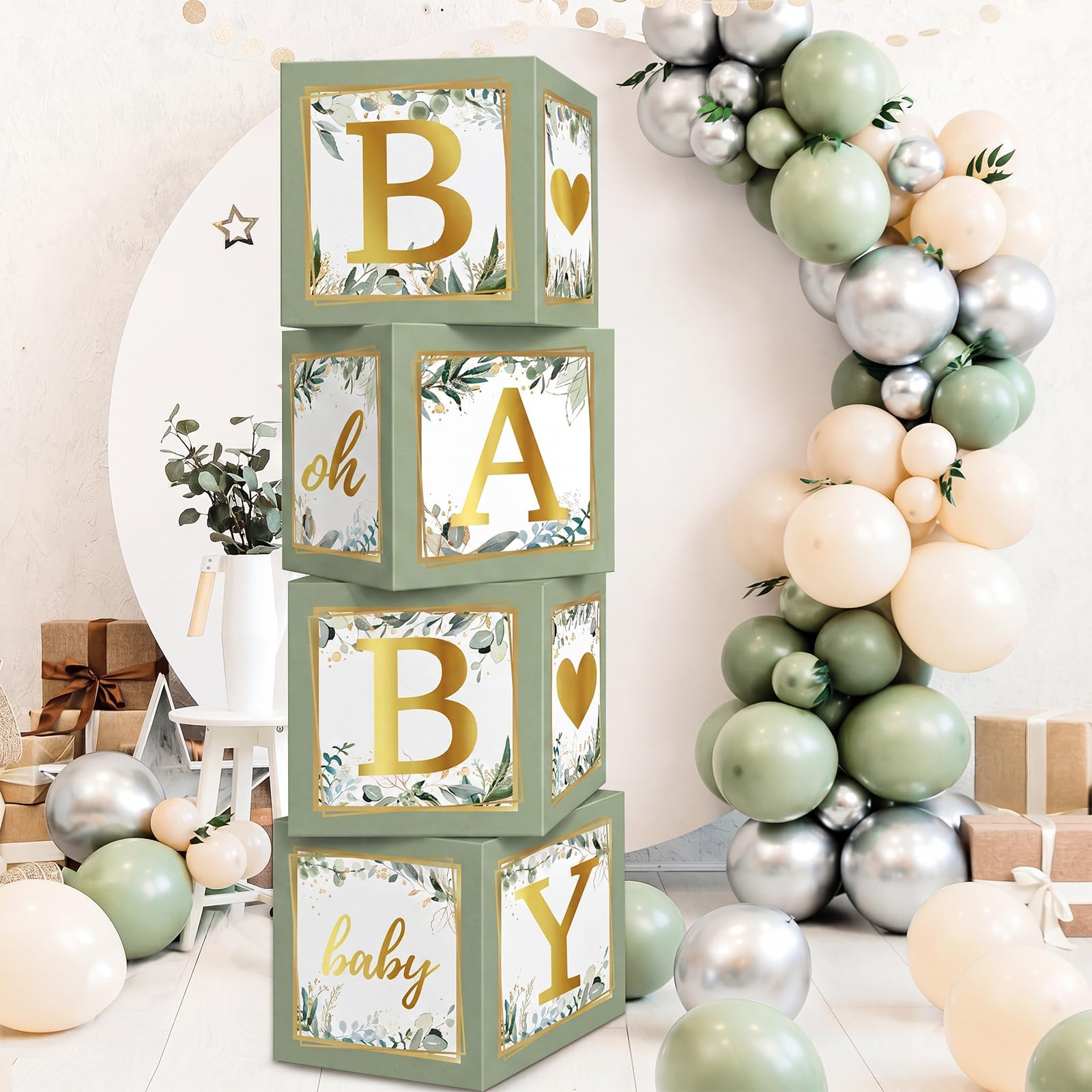 RUBFAC Baby Shower Boxes with Letters, 4pcs Sage Green Baby Shower Decorations for Boy Girl Balloon Boxes Gender Reveal Birthday Party Favors