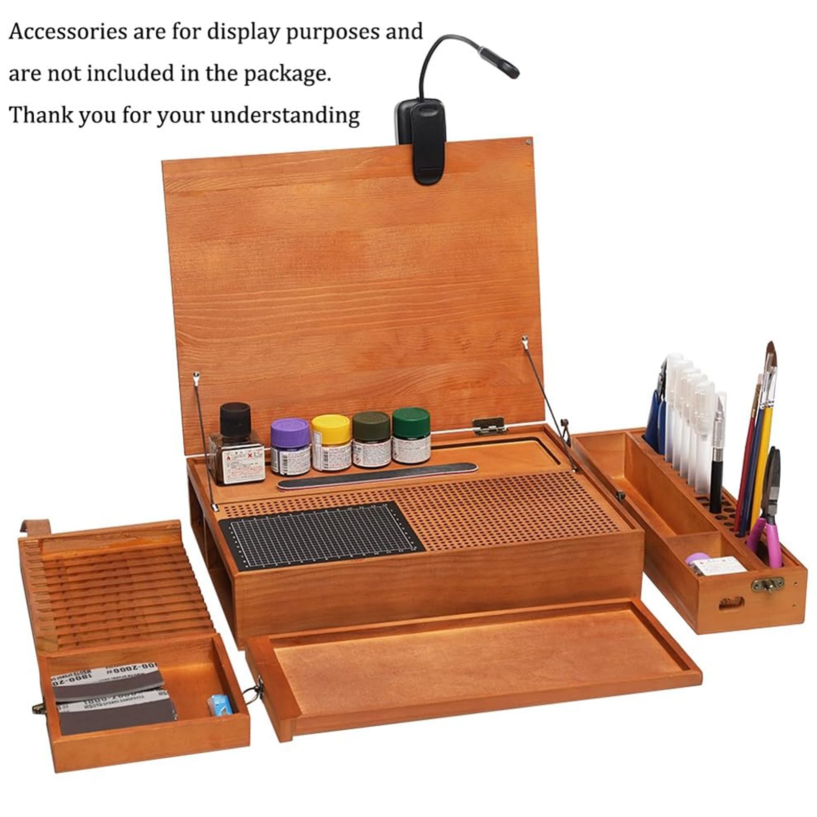 Postazione di lavoro per modellismo, stazione di lavoro in legno per hobby con luce LED e stoccaggio, banco da lavoro pieghevole per fai da te in miniatura, pittura e assemblaggio