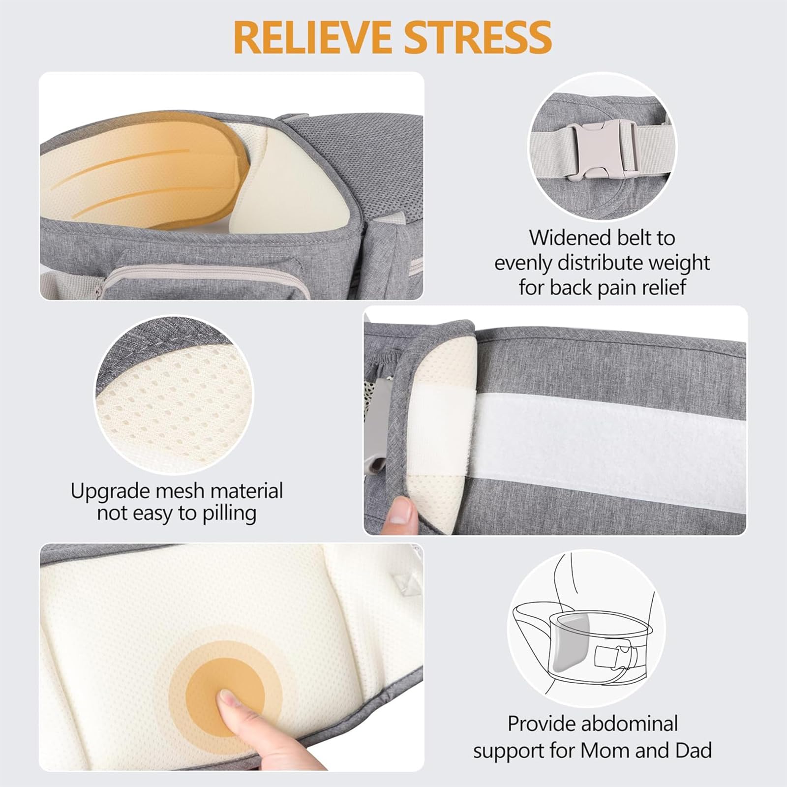 Seggiolino ergonomico con cintura di sicurezza in puro cotone traspirante 0-36 mesi (grigio scuro)