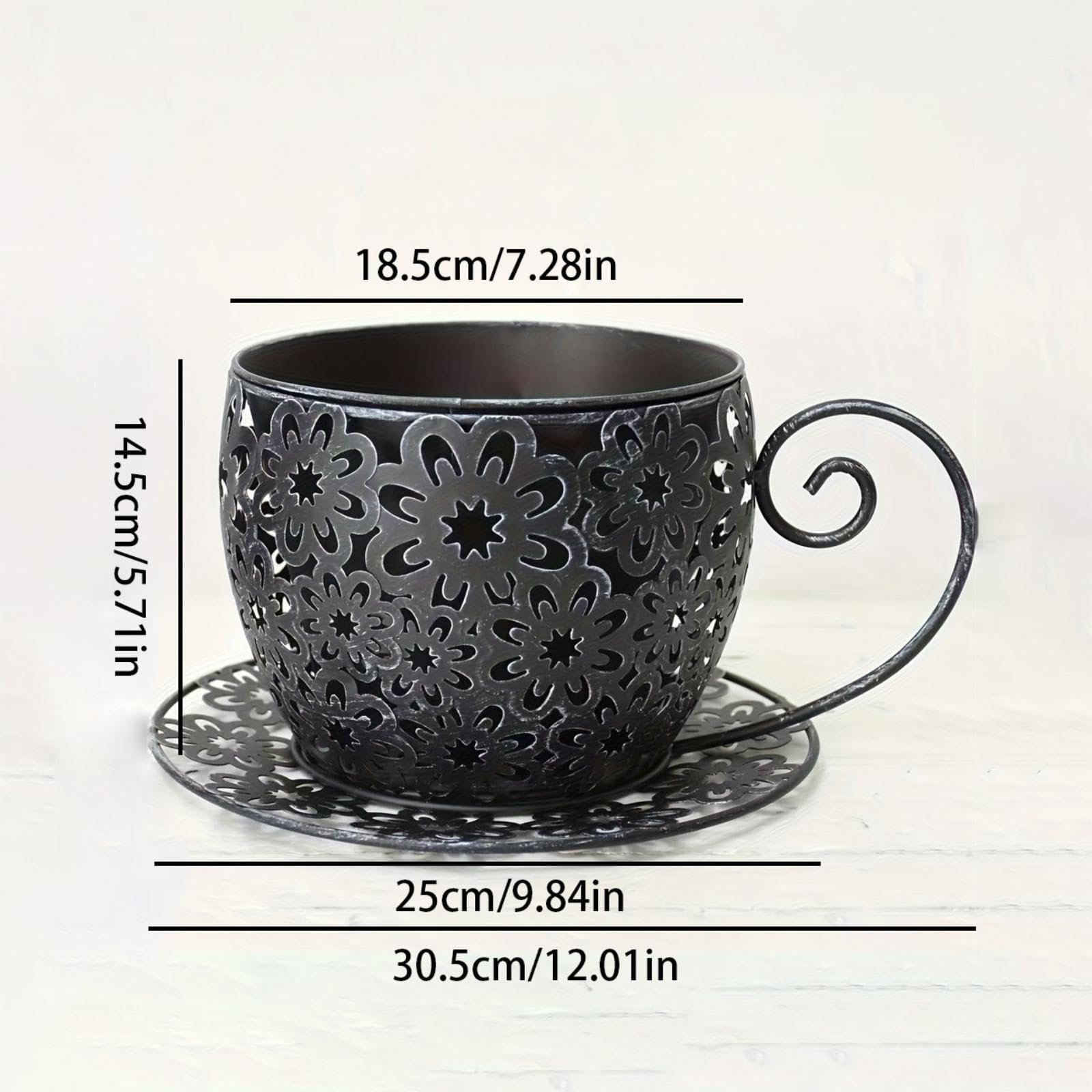 F Fityle Vaso da Fiori a Forma di Tazza da tè, Vaso Decorativo Antico in Metallo Cavo per Piante, Ideale per L'Estate, Balcone, Stile Rustico, Patio e, Nero