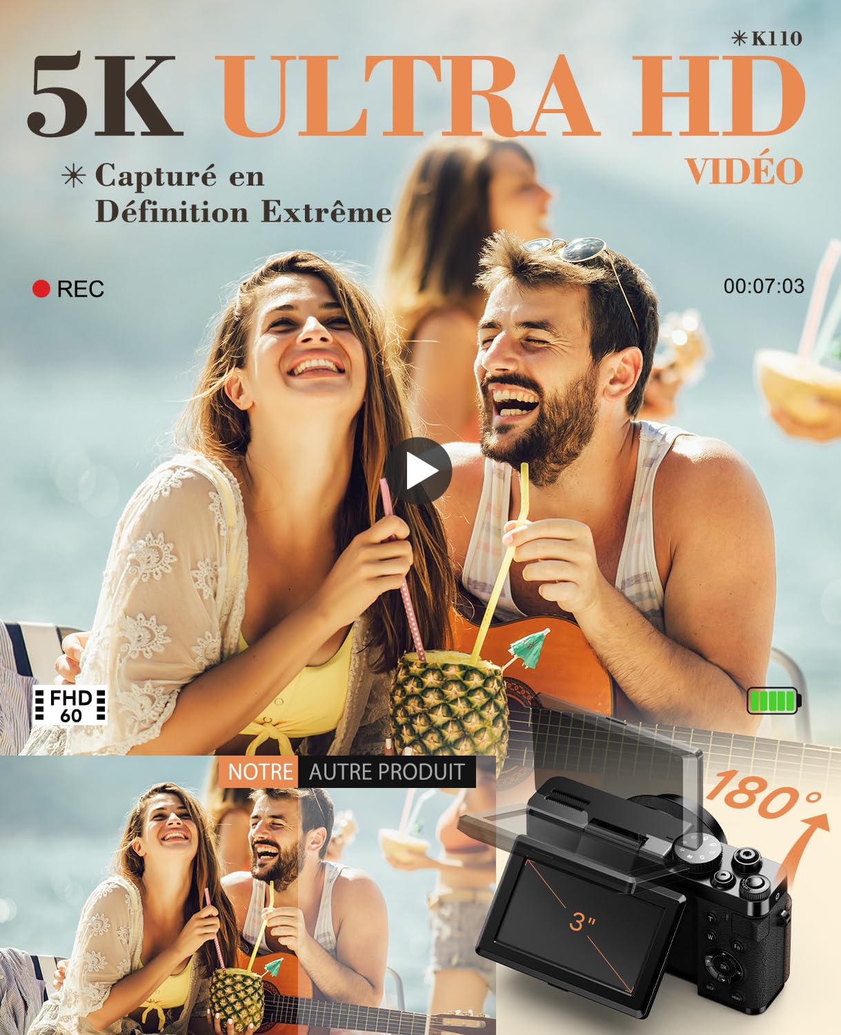 Appareil Photo numérique 5K, 64MP caméra de vlogging, WiFi caméra de vlogging Youtube contrôlée par et Application, 18X Appareil Photo Compact avec Carte TF 32 Go, objectifs Grand-Angle et Macro