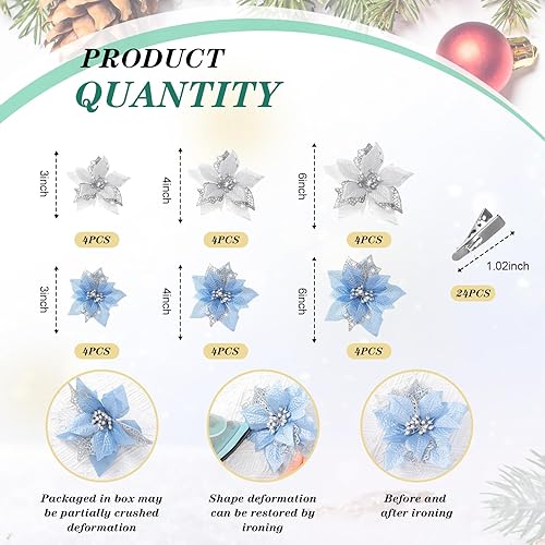 Vista 124 de Boao 24 Pieces Christmas Artificial Glitter Poinsettia Flowers Xmas Flowers Wedding Christmas Tree New Year Ornaments(Green)