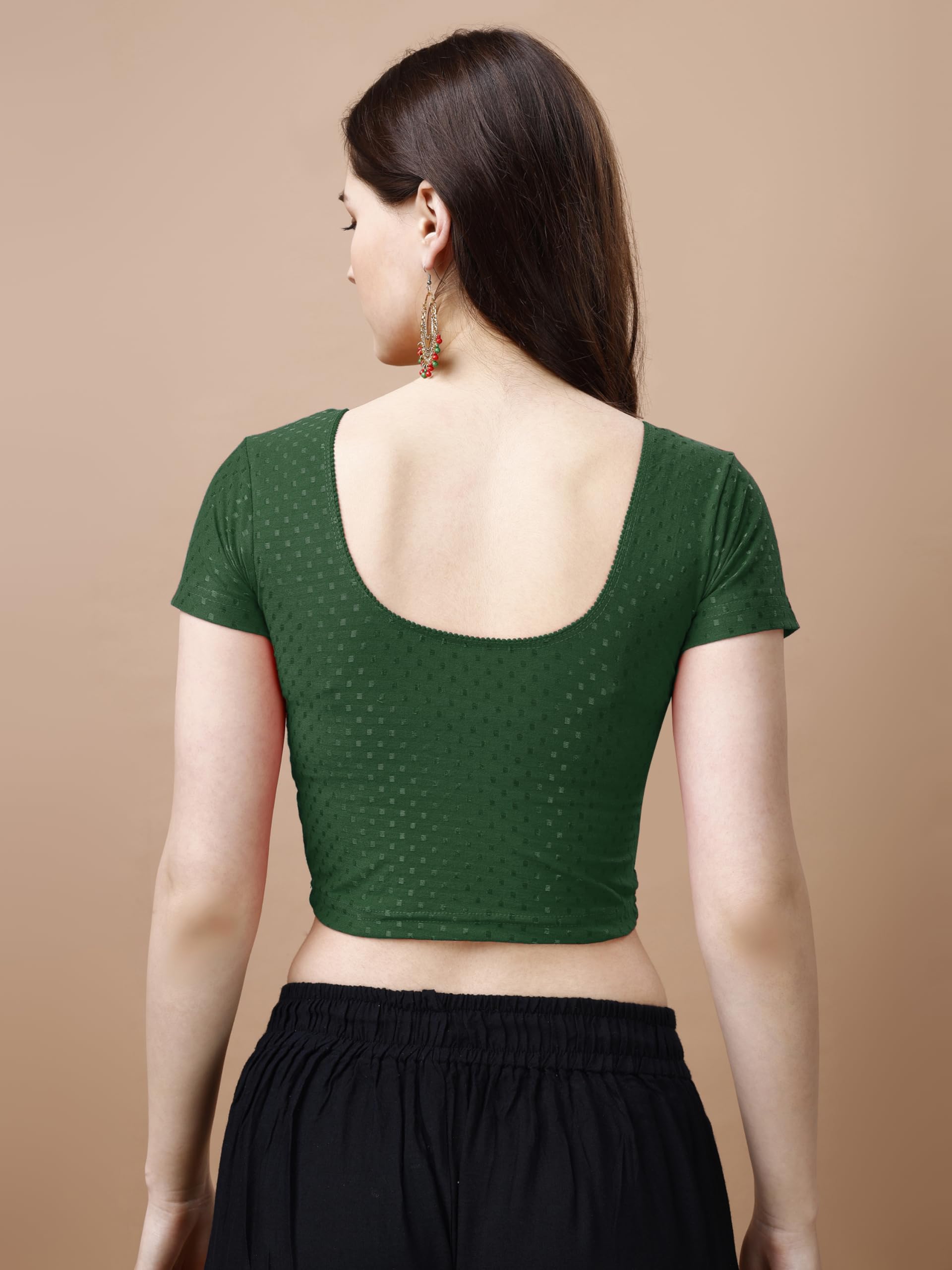 Pujia Mills Women's Readymade Dobby Cotton Lycra Stretchable Round Neck Short Sleeve Blouse Fancy Green Color Lycra Stretchable Blouse For Women Stylish Readymade Saree Blouse