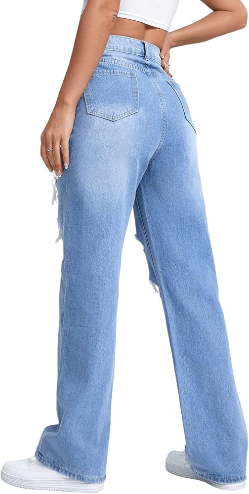 SweatyRocks Women's Ripped Straight Leg Jeans High Waist