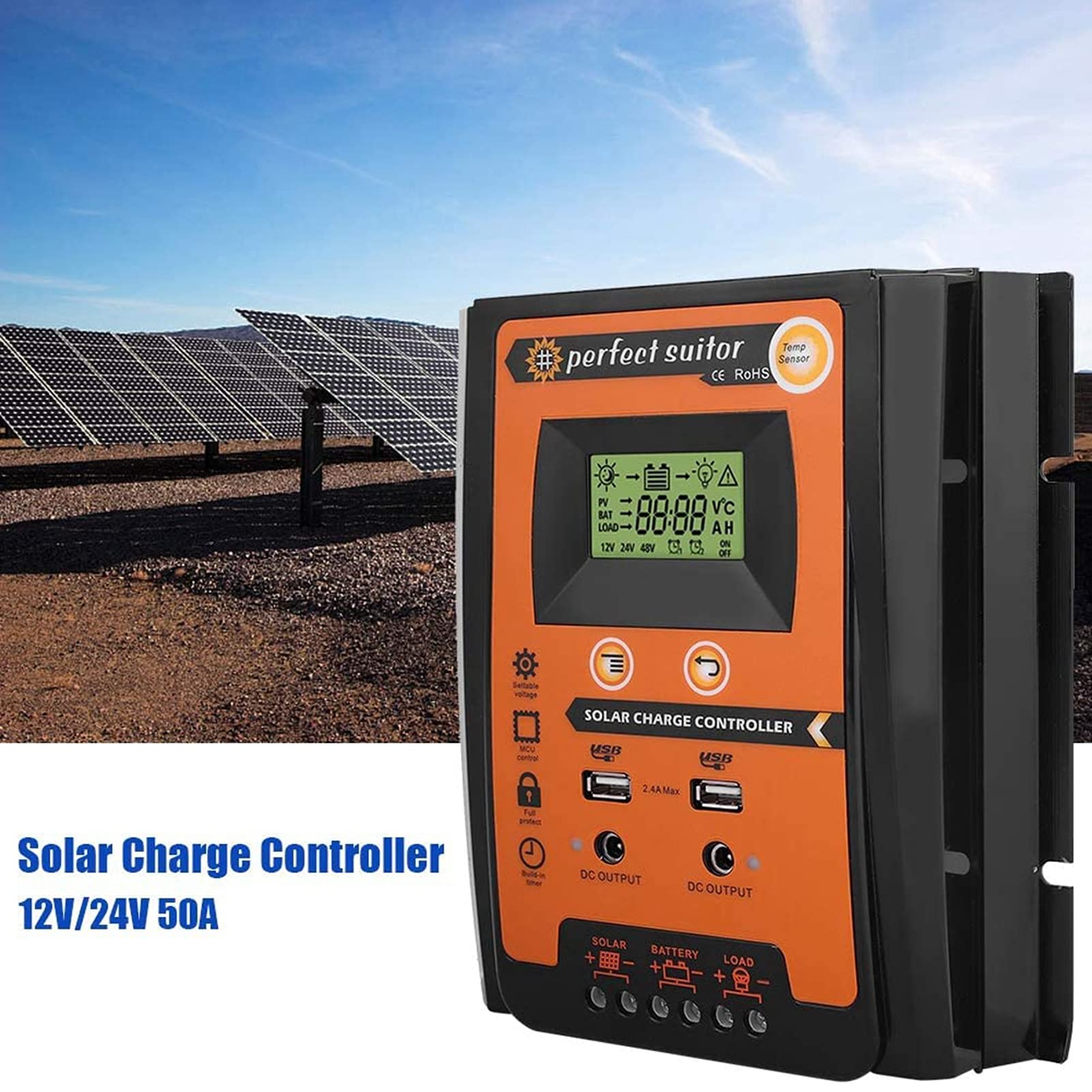 Regulador solar de carga MPPT con pantalla LCD de 12 V/24 V y puerto USB doble, identificación automática, tensión del