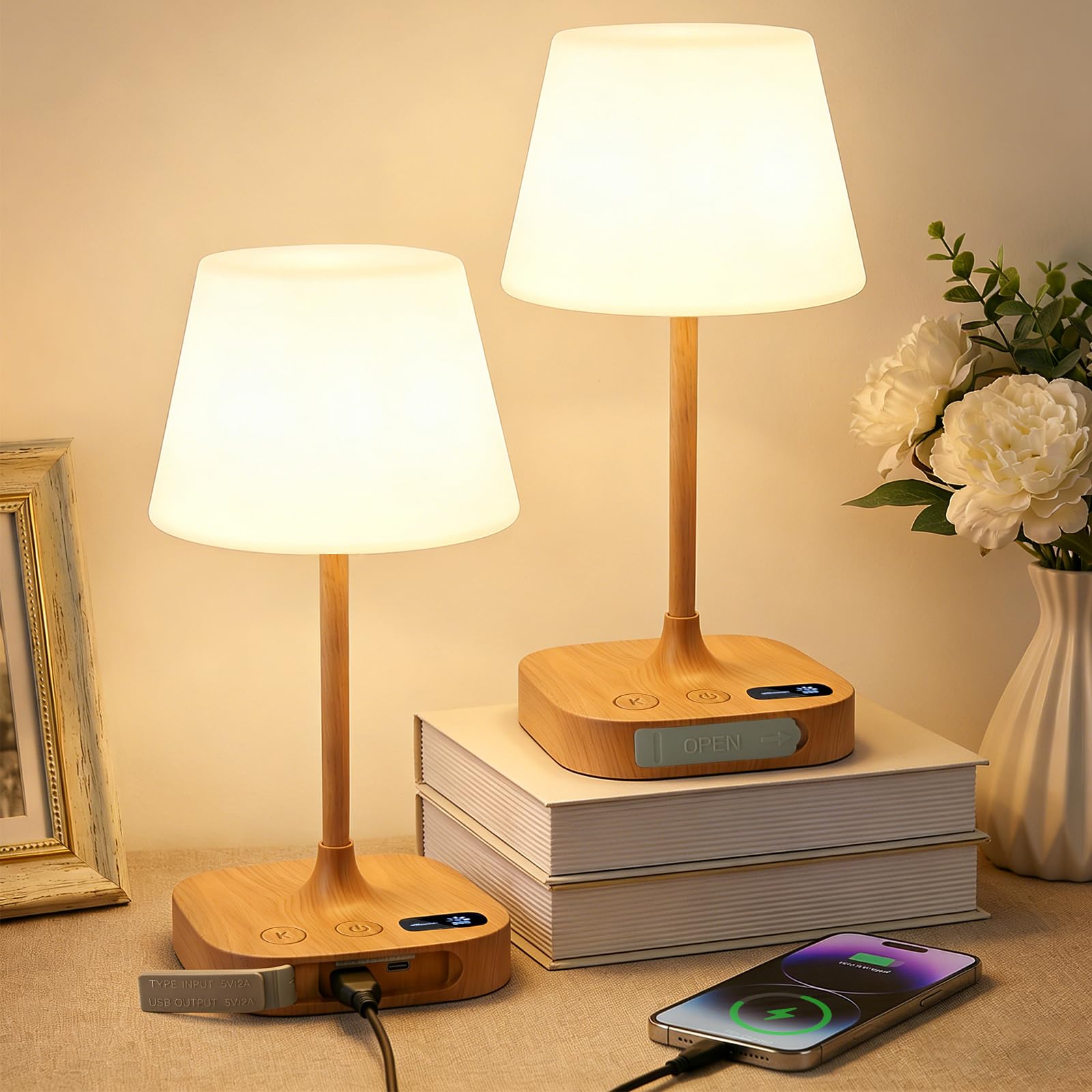 Lampade da Comodino Touch Set da 2, Lampada da Tavolo Senza Fili LED | Dimmerabile Ricaricabile Luce Notturna senza Fili con Memoria, Luce Notturna LED per Campeggio all'aperto Esterno Verande