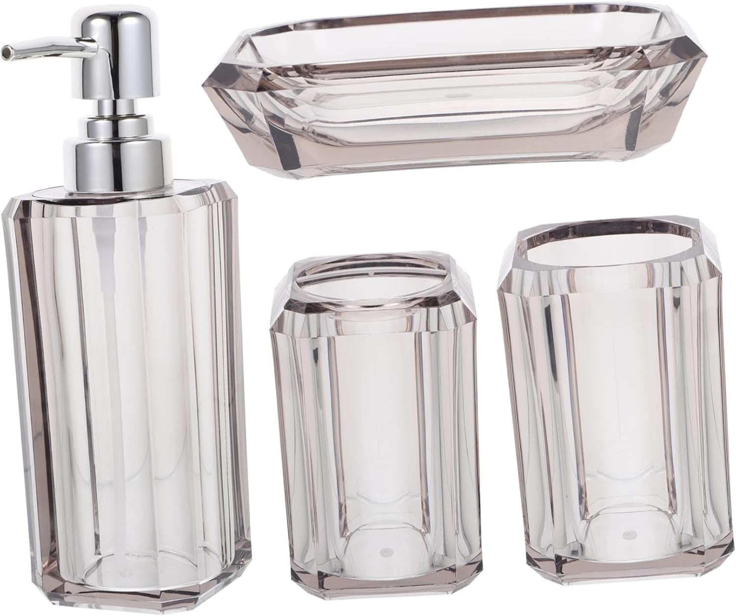 Acrylic Bathroom Accessories Set 4-Piece Luxury Grey Collection Toothbrush Holder Lotion Dispenser Toothbrush Cup and Soap Dish for Home or Hotel Use