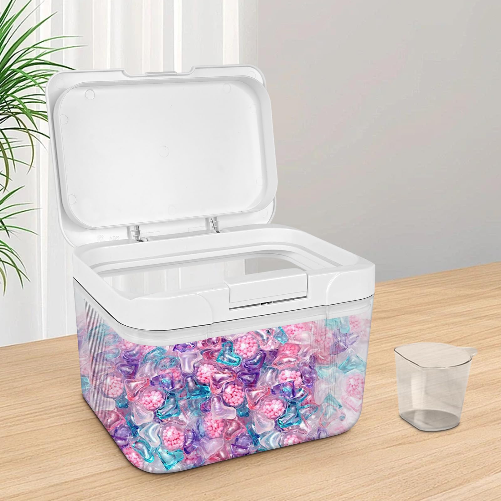 Lukymod 2.8L Clear Laundry Pods Container with White Push Up Lid - Automatic Pop-Up Washing Pods Holder, Large Capacity Storage Organizer for Bath Bombs, Scent Booster, Kitchen Food Storage Container