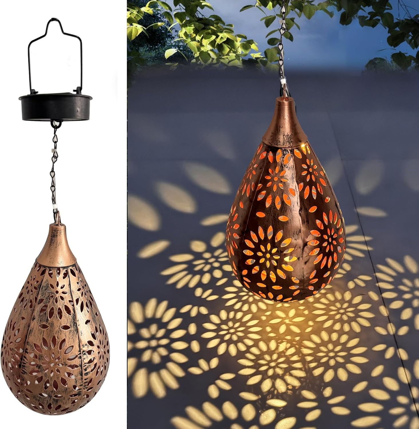 Hanging Solar Lanterns Outdoor,Copper Moroccan Style Garden Party Decorative Rechargeable Lantern, Hurricane Lamps are Great for Front Porch, Patio and Yard(1 Pack Copper)