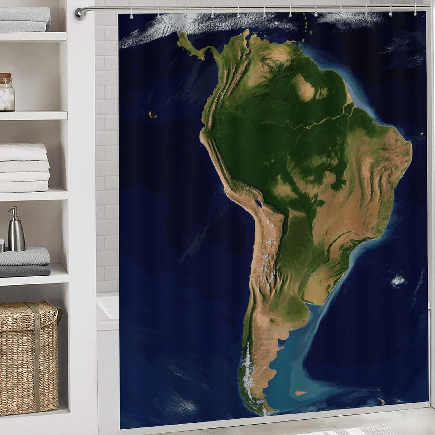South America Satellite Image Shower Curtains Set 4 Piece with Non-Slip Rugs, Toilet Lid Cover and Bath Mat Soft Bathroom Carpet Waterproof Bathroom Curtain with 12 Hooks for Bathroom Decor