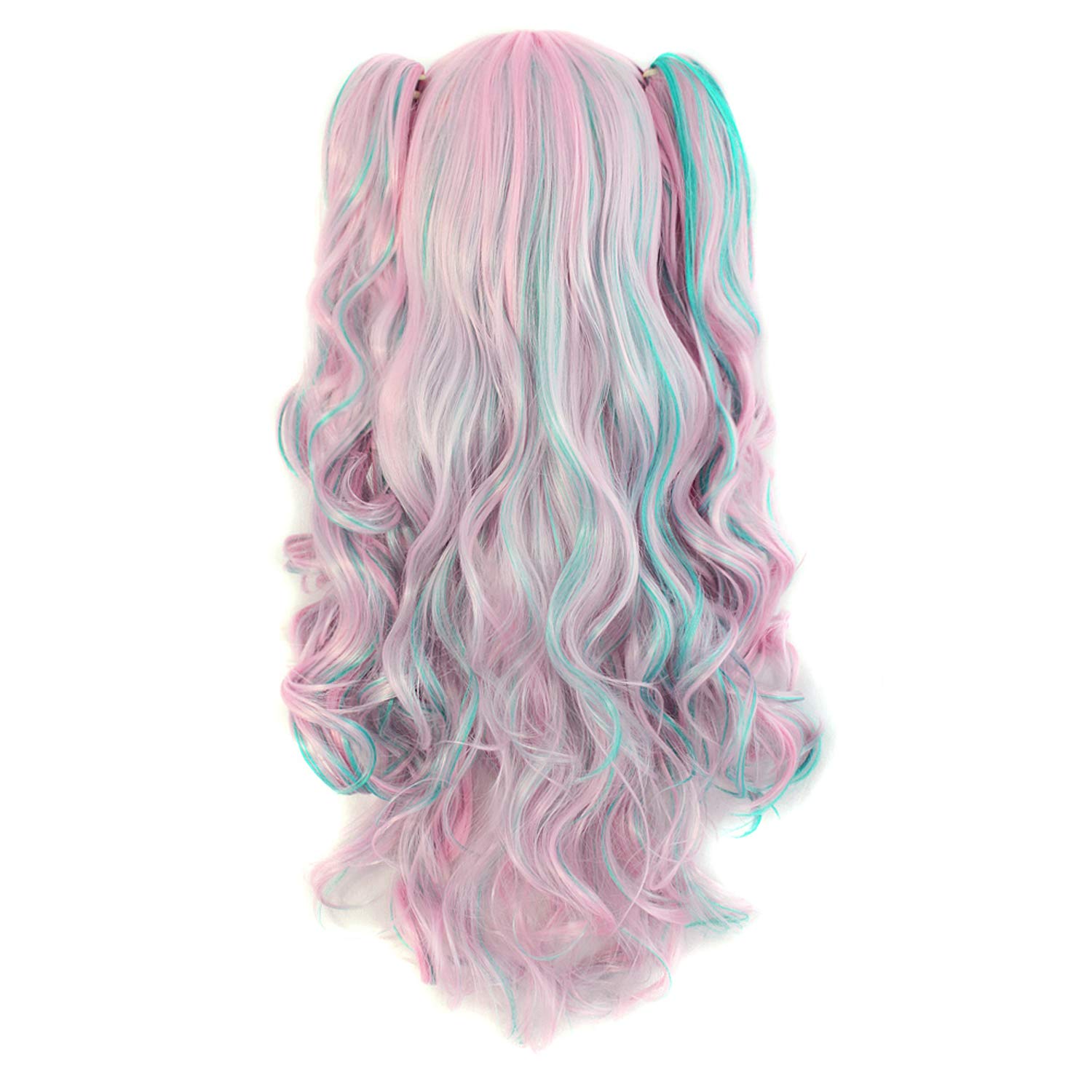 MapofBeauty Multi-color Lolita Long Curly Clip on Ponytails Cosplay Wig (Pink/Blue) - Image 2
