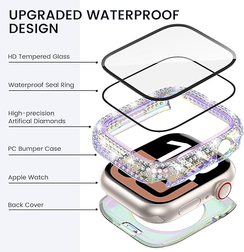 Miniatura 10 de Tensea - Funda protectora de pantalla impermeable para Apple Watch Series 9, 8, 7, de 1.614 in, accesorios para iWatch con diamante duro delantero y