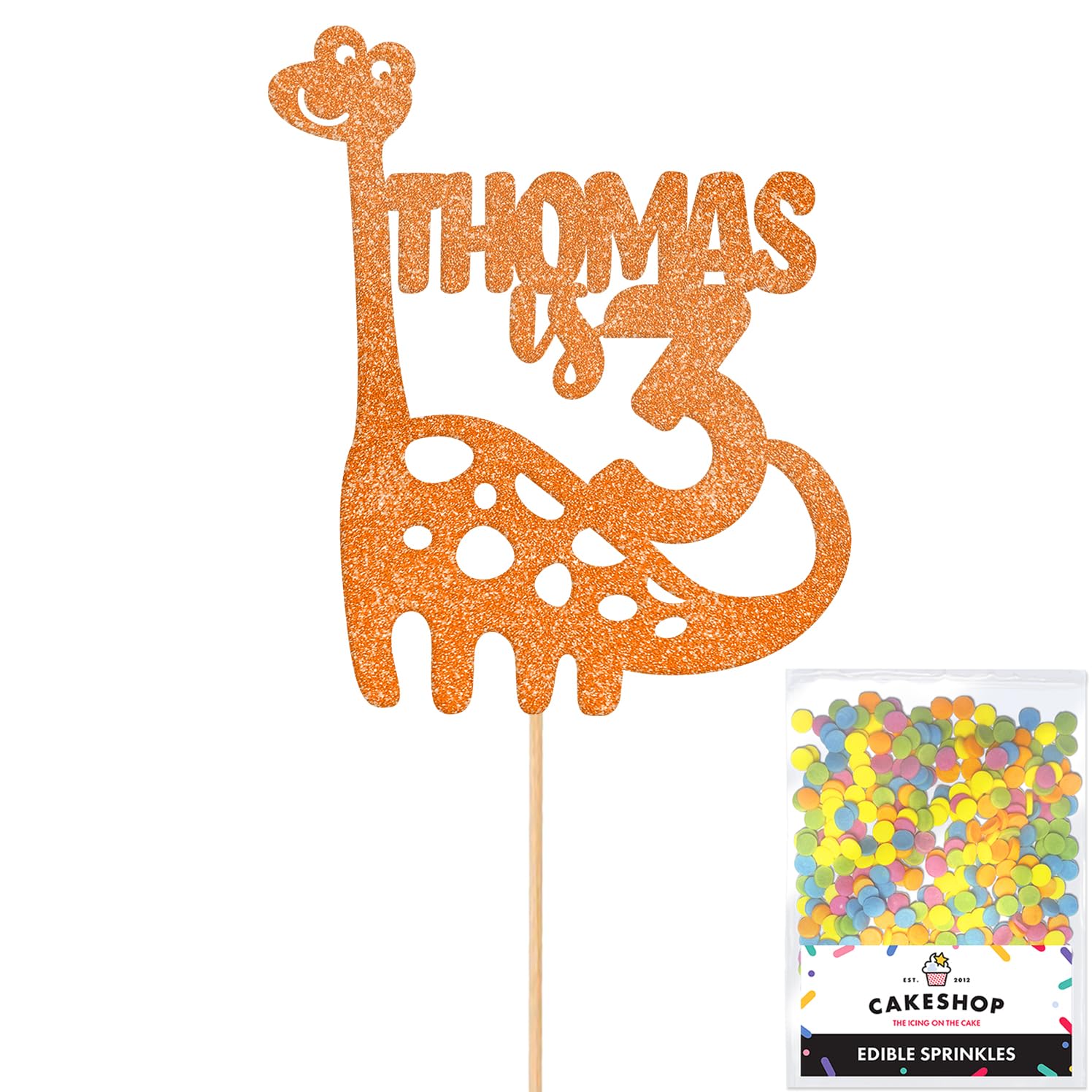 Personalised Birthday Dinosaur Glitter Cake Topper- Copper Orange Any Name & Age Glitter Cake Decoration and Sprinkles - Happy Birthday Decorations - Personalised Toppers for Cakes by Cakeshop