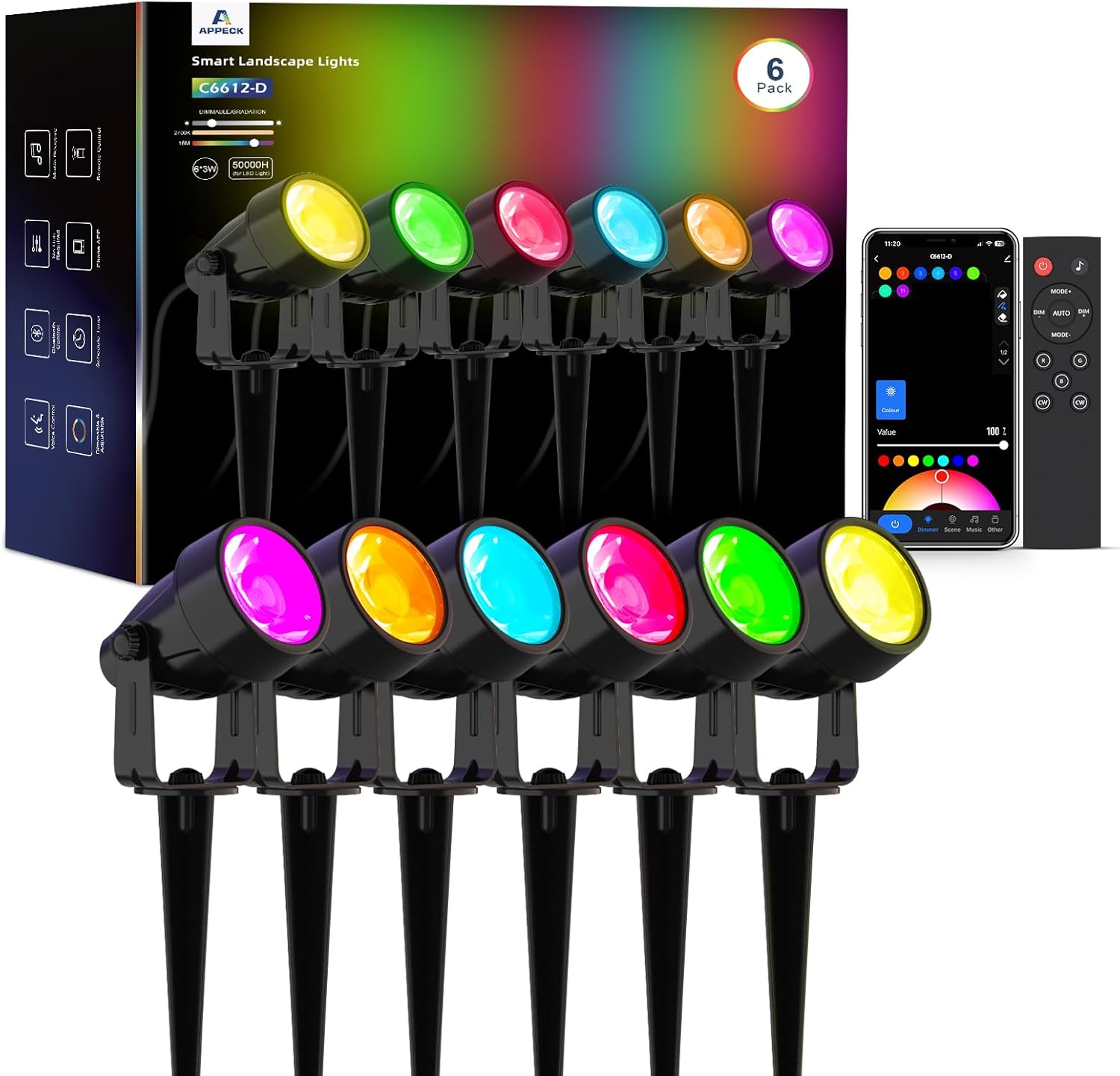 APPECK Spot Lights Outdoor, RGBW Low Voltage Landscape Lighting, Color Changing Uplighting Spotlights with App, IP65 Waterproof LED Outdoor Lights for Garden Yard Outside Decoration, 6 Pack