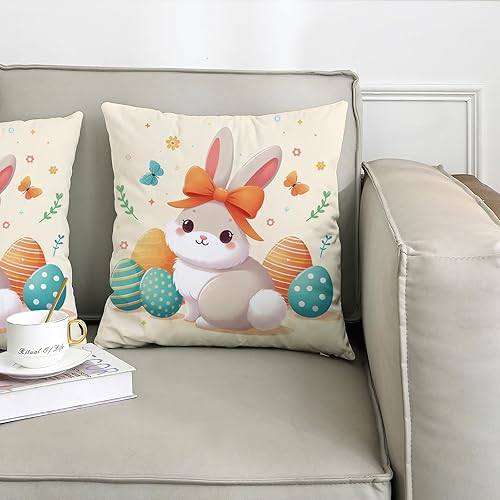 Miniatura 3 de Juego de 2 fundas de almohada con diseño de conejo de dibujos animados de Pascua, huevos de mariposa, arco, animales, floral, amarillo claro,