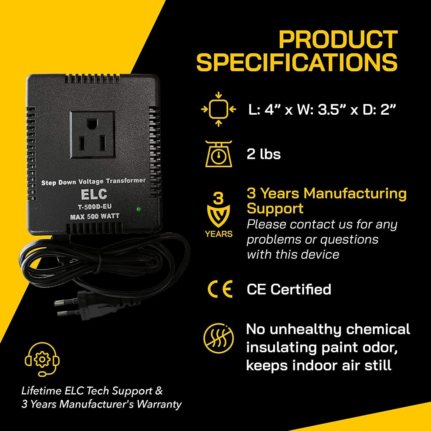 ELC 500-Watt Voltage Converter - Step Down - 220v to 110v / 240v to 120v Travel Power Converter - for Hair Straightener, Hair Dryer, Laptops and Chargers, CE Certified [3-Years Warranty]