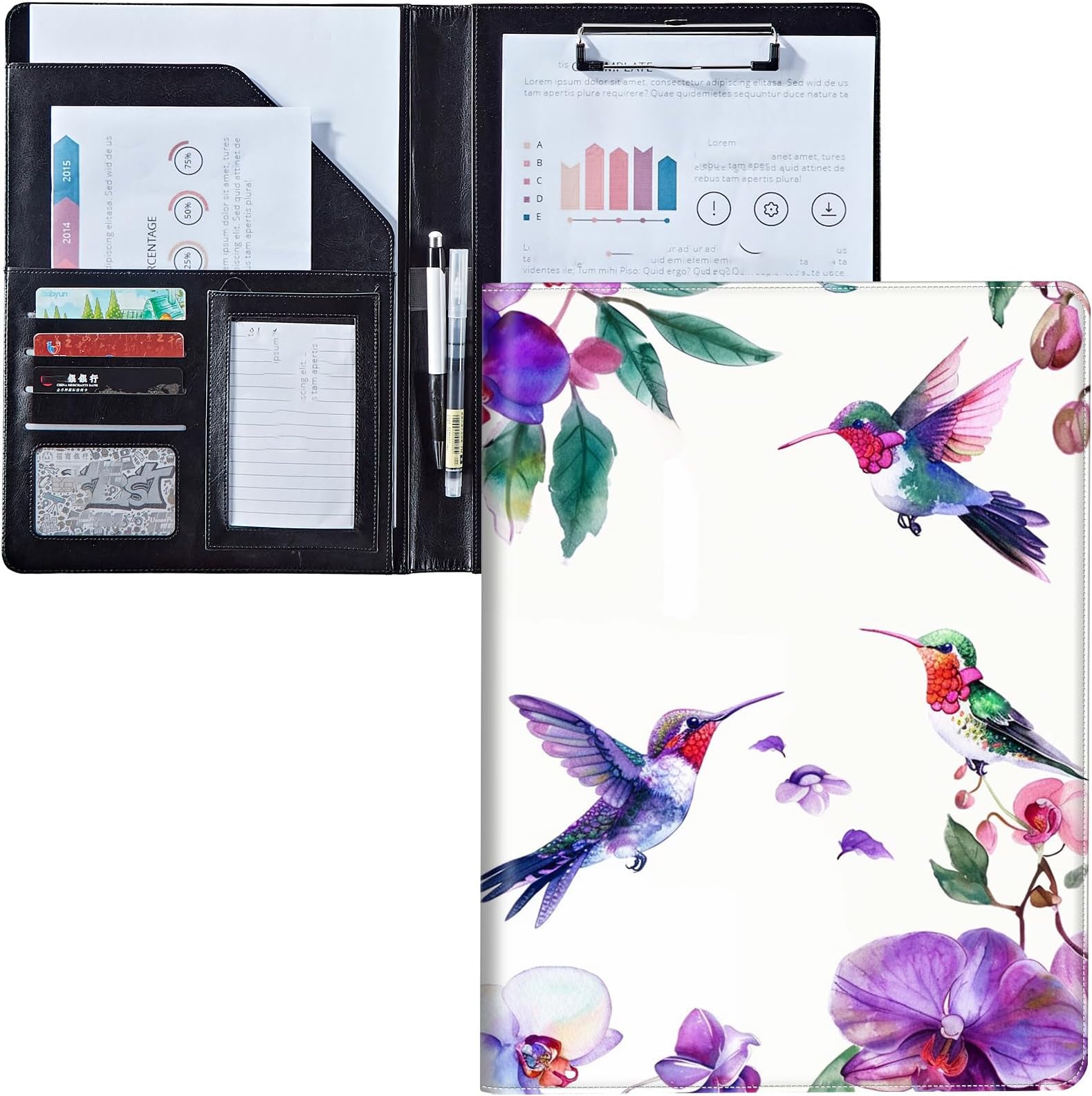 Padfolio Clipboard Folder Portfolio Notepad Organizer, PU Leather Interview Resume Folder,with Business Card Holder/Letter A4 and Writing Pad/Mobile Phone Storage Pocket,Hummingbird