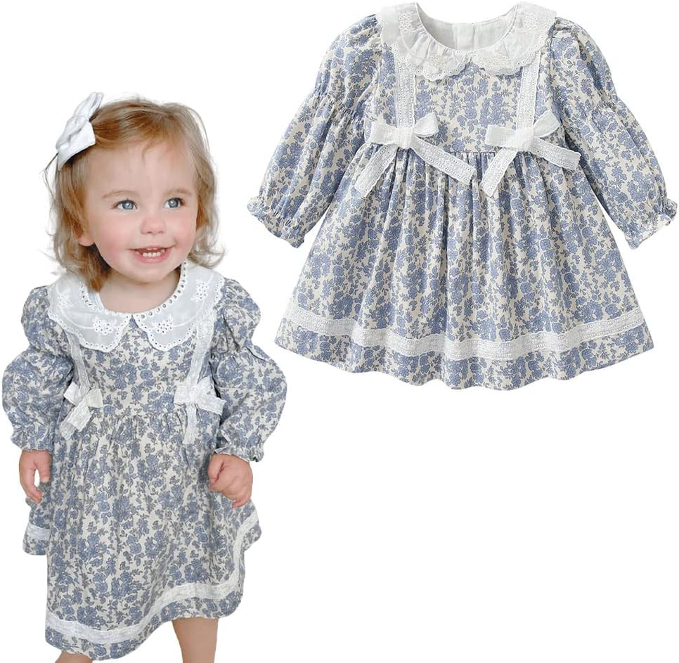 Simplee kids Baby Girls Smocked Dress Handmade Spring Fall Casual Dresses Floral Print Sundress Princess Dress for Toddlers