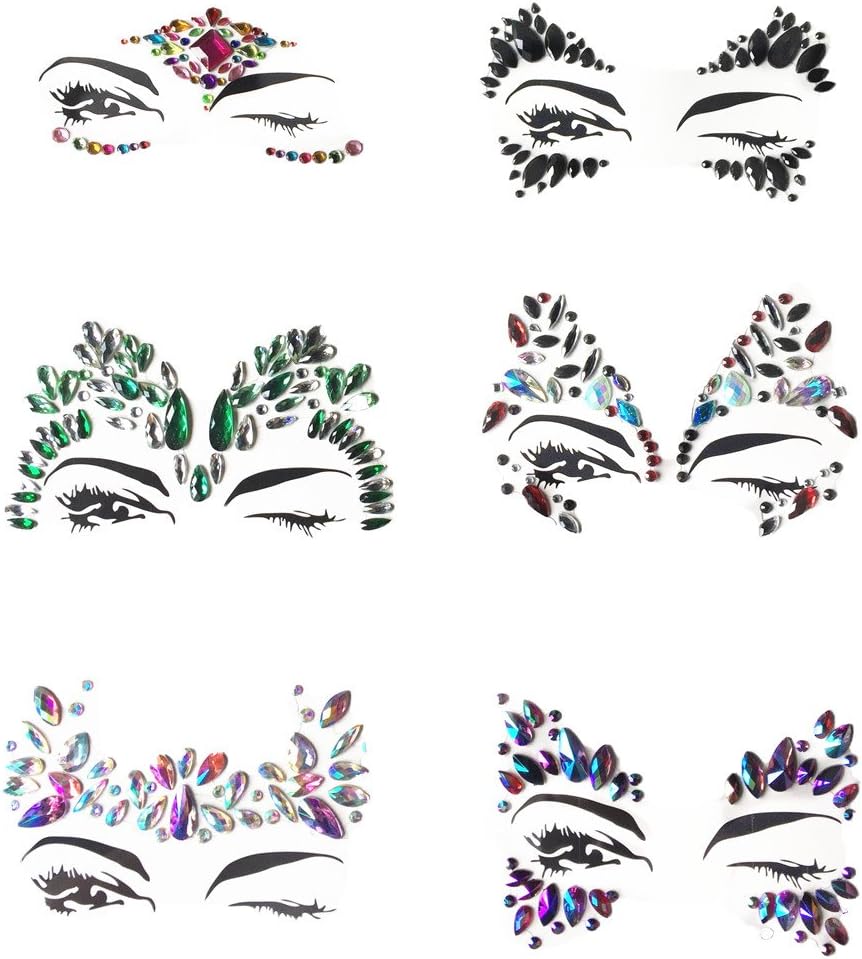 MineSign6 Pack Face Jewels Festival Tattoo Set Face Gems Glitter Bindi Costume Makeup Rhinestone Eyes Body Rave Pasties for Party Roller (Red Blue Black)