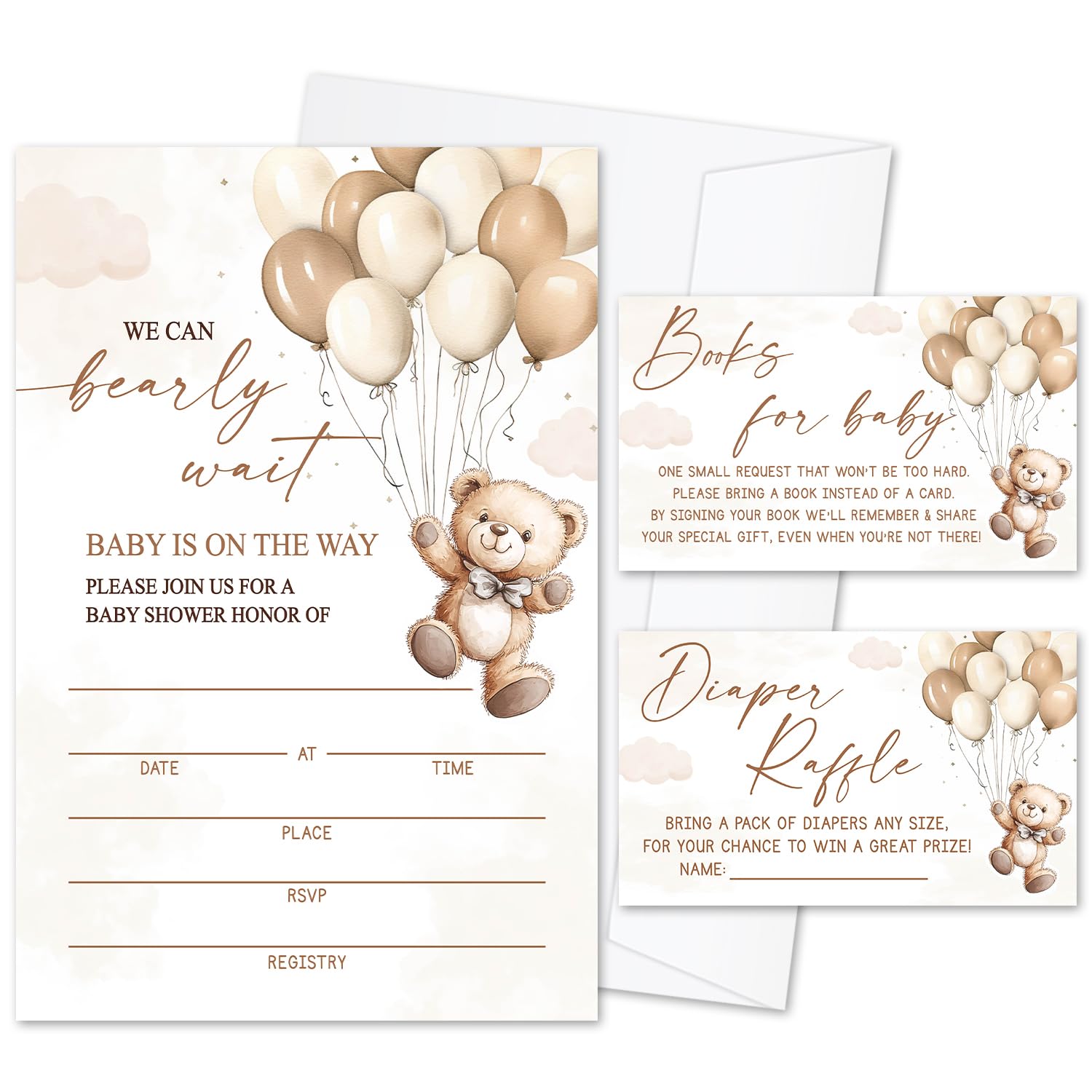 We Can Bearly Wait Baby Shower Invitations Set for Boys Girls, 25 Set of Invitation with Envelopes Diaper Raffle Tickets & Book Request Cards for Baby