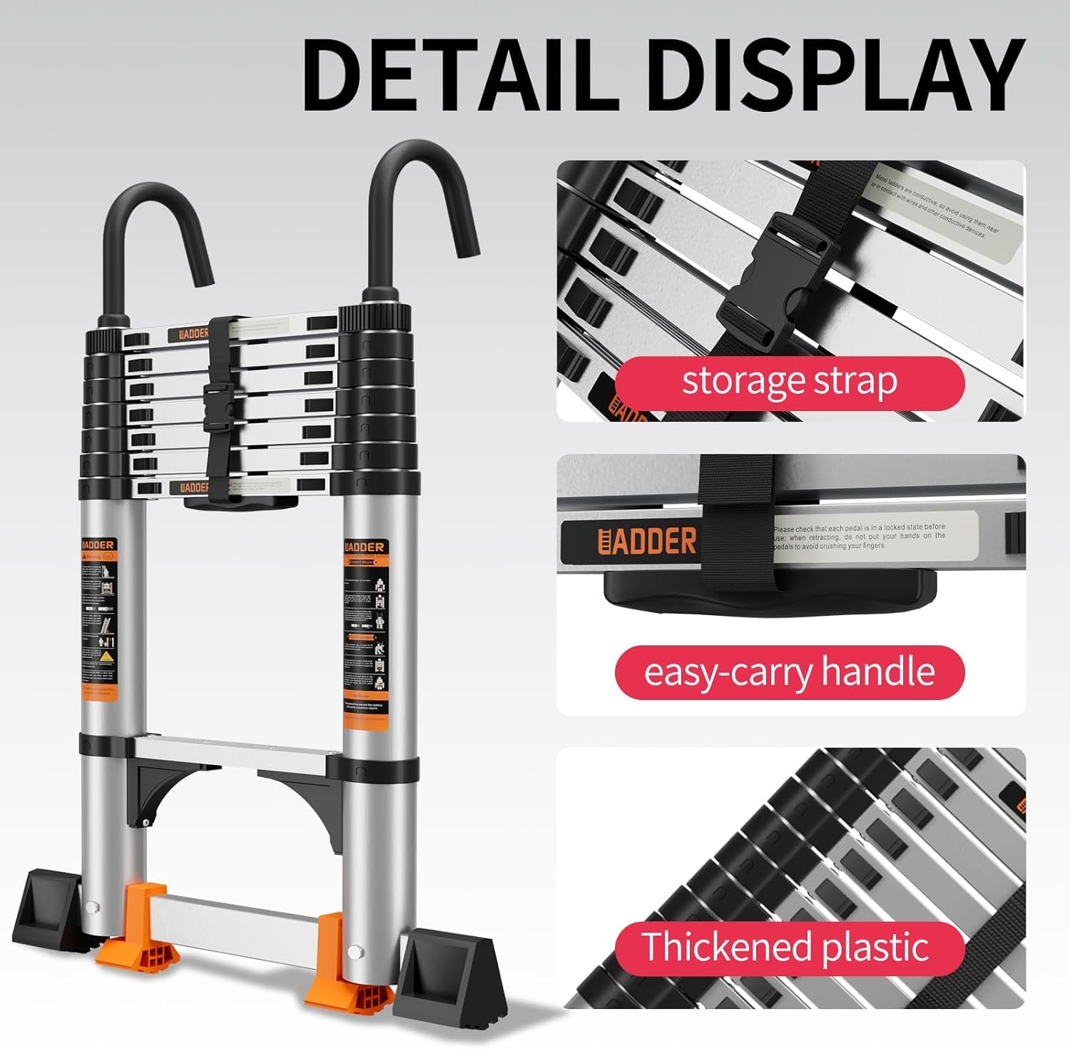 Telescoping Ladder,8.5FT Aluminum Multi-Purpose Collapsible Ladder with Stabilizers and Hooks,Jiashche Portable Extension Ladder for RV or Outdoor Work Silver,330lb Max Capacity