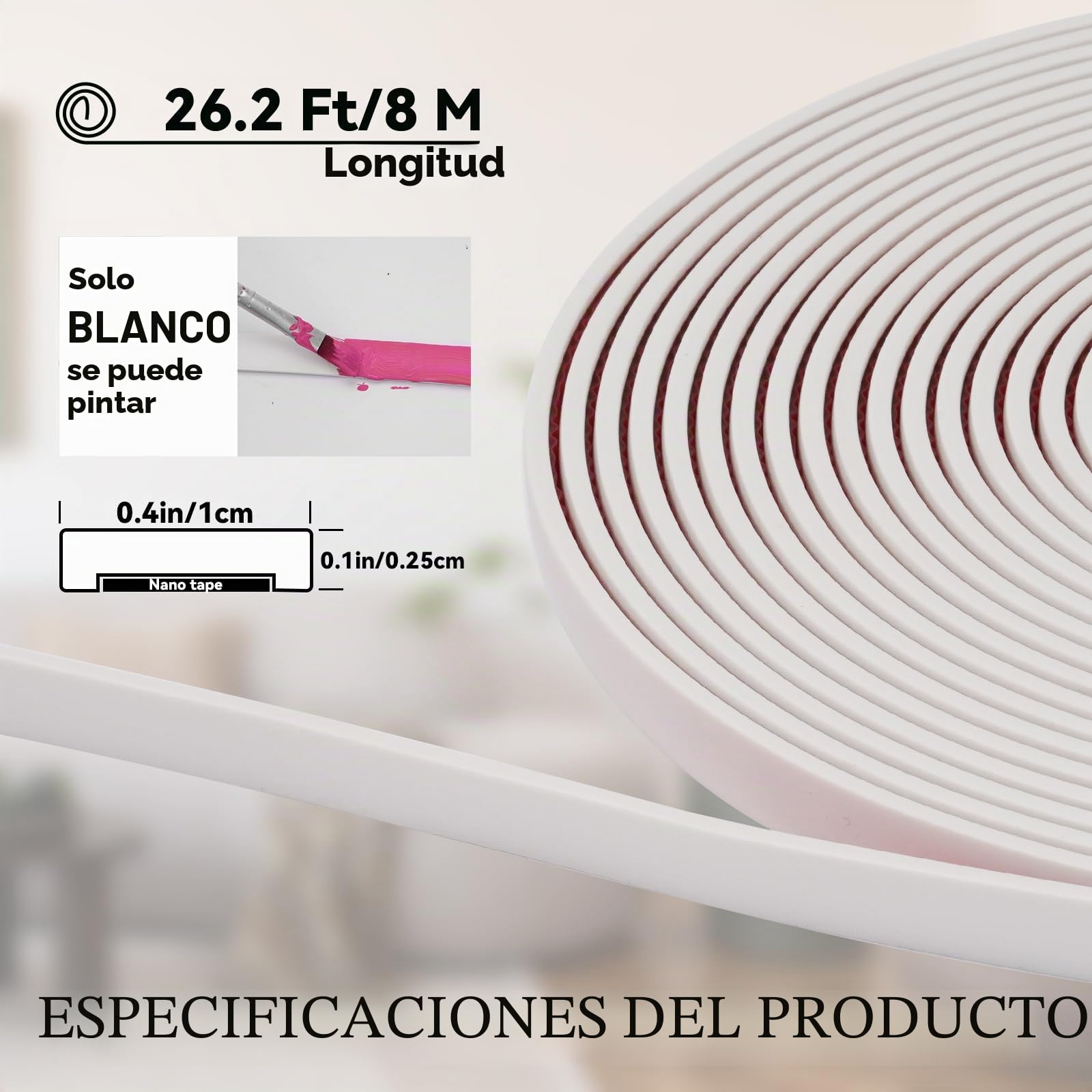8M Moldura de Pared Autoadhesiva, Blanco Moldura Decorativa Flexible e Impermeable para Paredes, Techos, Marcos, Azulejos y Bordes, Moldura Adhesiva de PVC para Interiores (A:1 cm, G:0,25 cm)