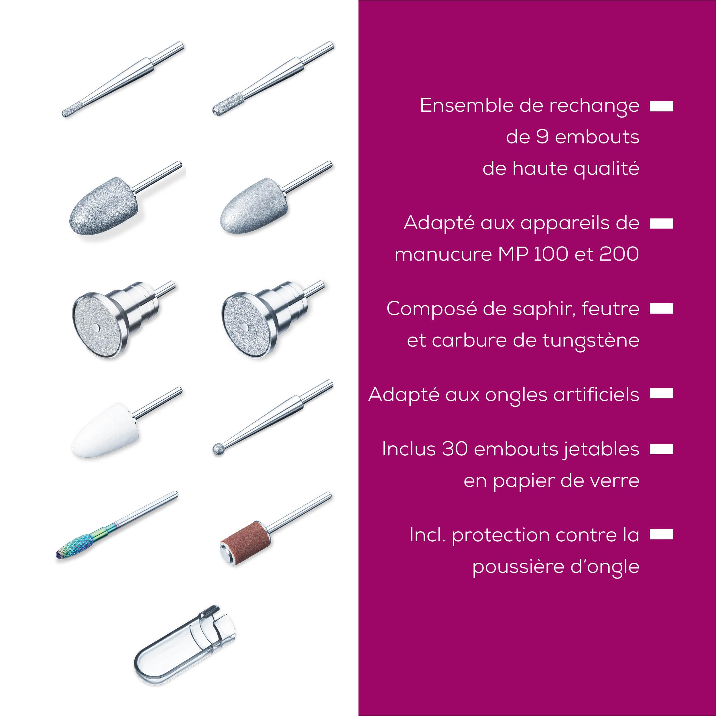 Beurer MP 100/ MP 200 Kit de rechange pour les appareils de manucure MP 100 et MP 200, 10 embouts de fraise à ongles en saphir, céramique et feutre, 30 embouts jetables, avec capuchon de protection